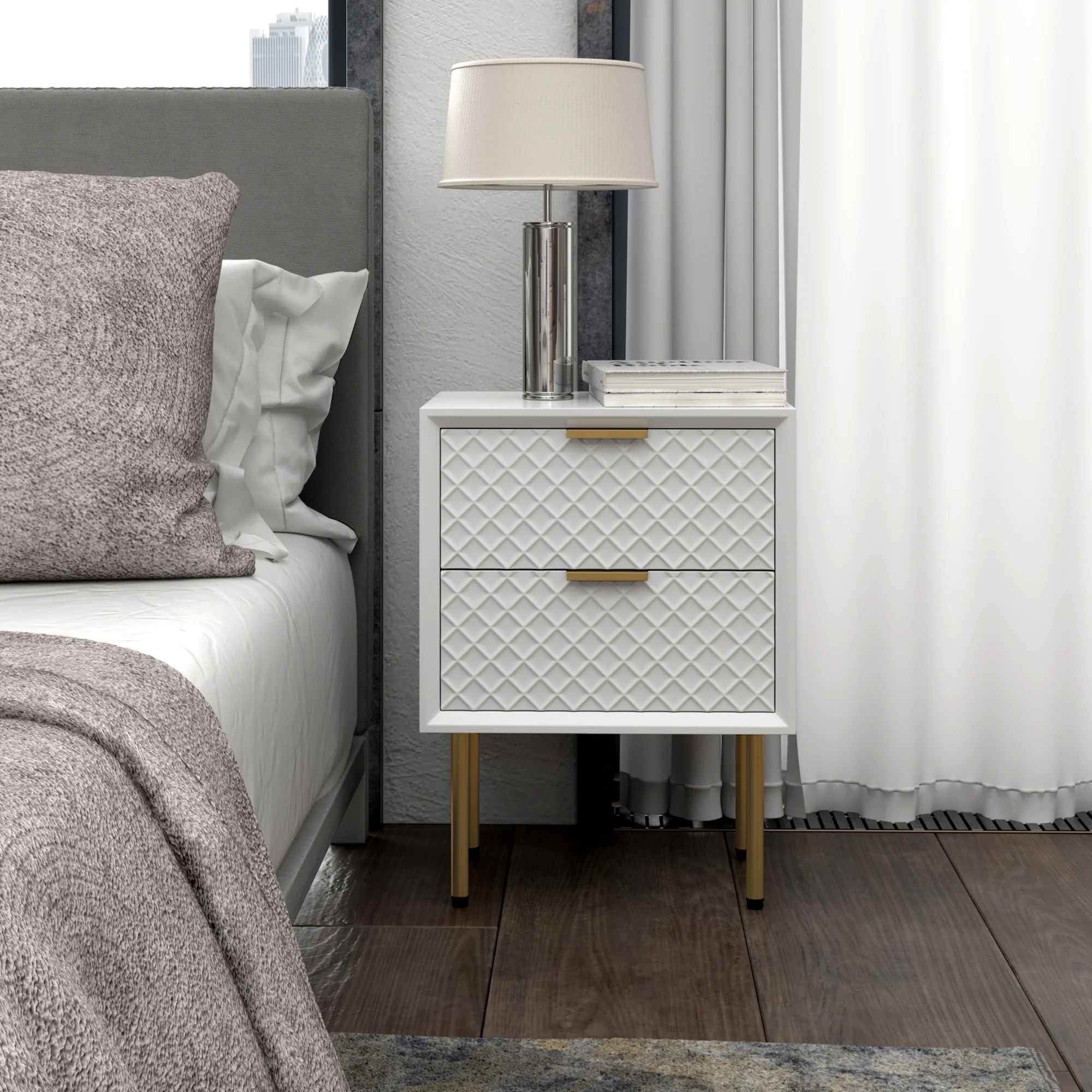 COZAYH Modern 2-Drawer Nightstand, Contemporary Side Table, Retro-Inspired Raised Diamond Motif, White