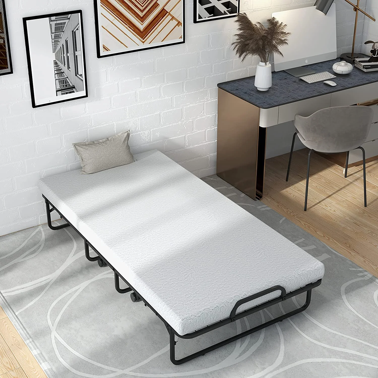 YZboomLife Folding Rollaway Bed with 4\u201D Mattress  Twin Size Portable Bed with Rolling Casters  Memory Foam Mattress & Metal Frame  Foldable Bed for Adults  Rollaway Guest Bed for