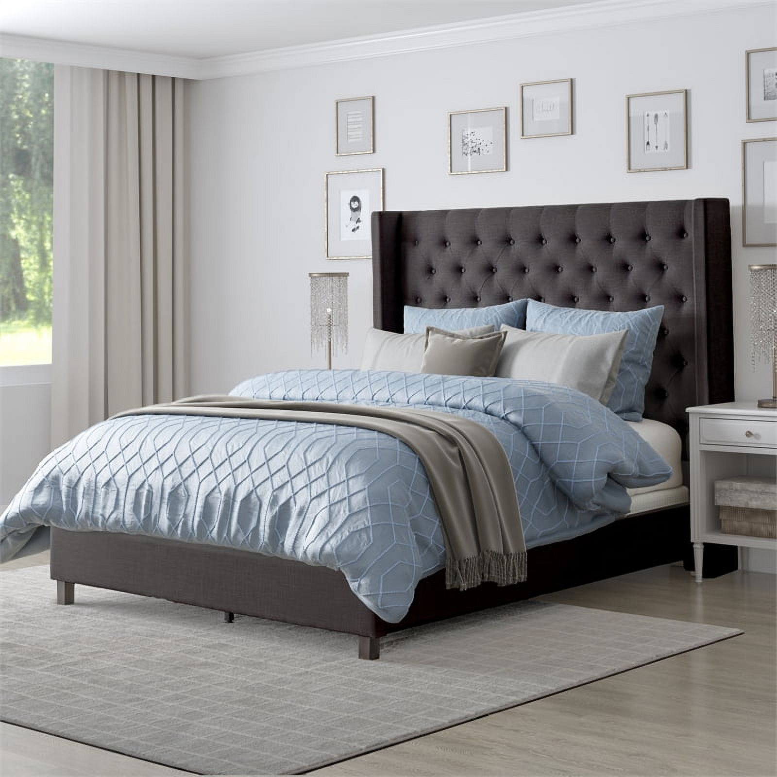 CorLiving Fairfield Fabric Tufted Wingback King Bed with Slats in Dark Gray