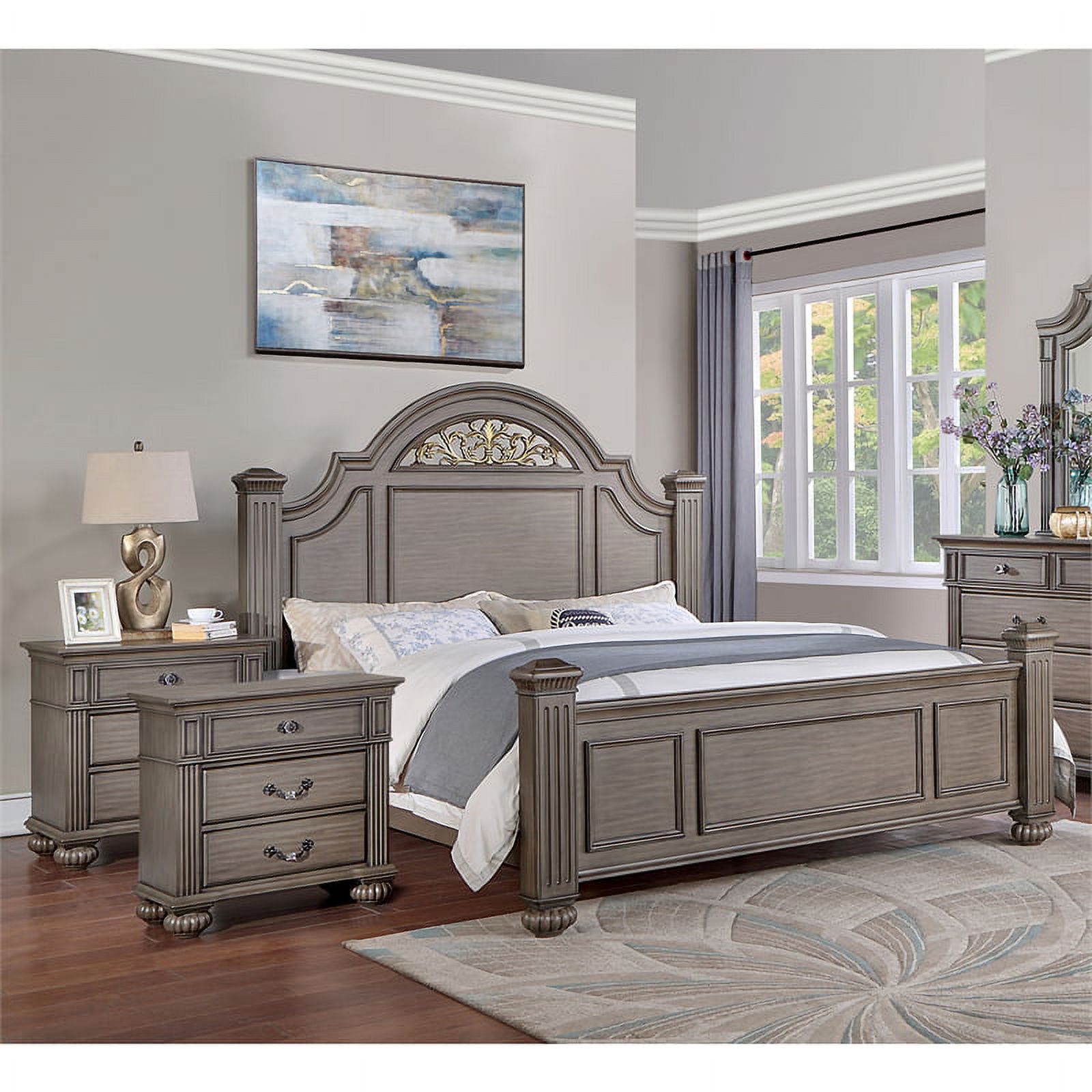 FOA Damos 3-Piece Gray Solid Wood Panel Bedroom Set - King + 2 Nightstands