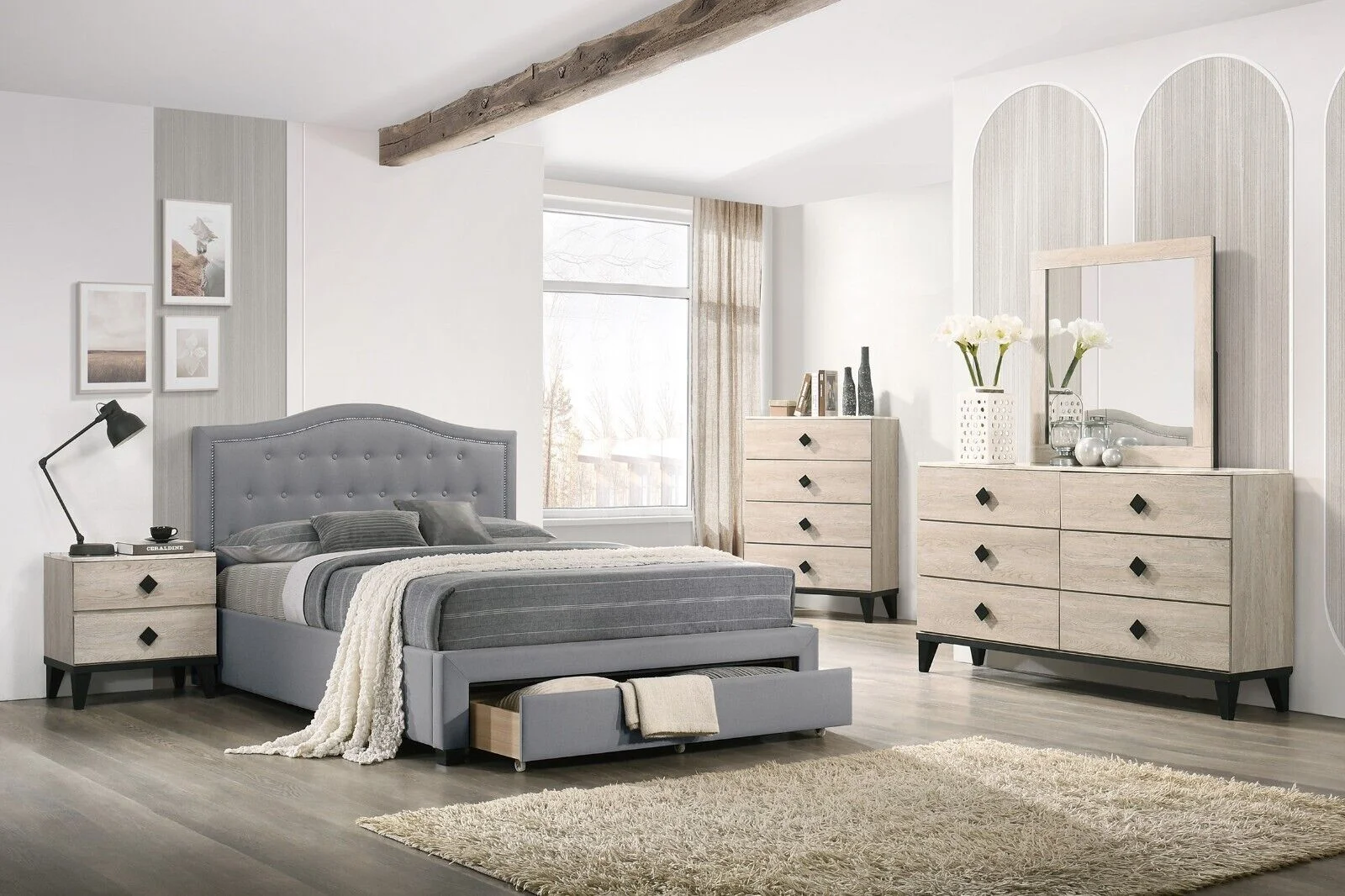 Transitional Light Gray Twin Size Bed Dresser Mirror Nightstand 4pc Bedroom Set Tufted Burlap Fabric Storage Bed