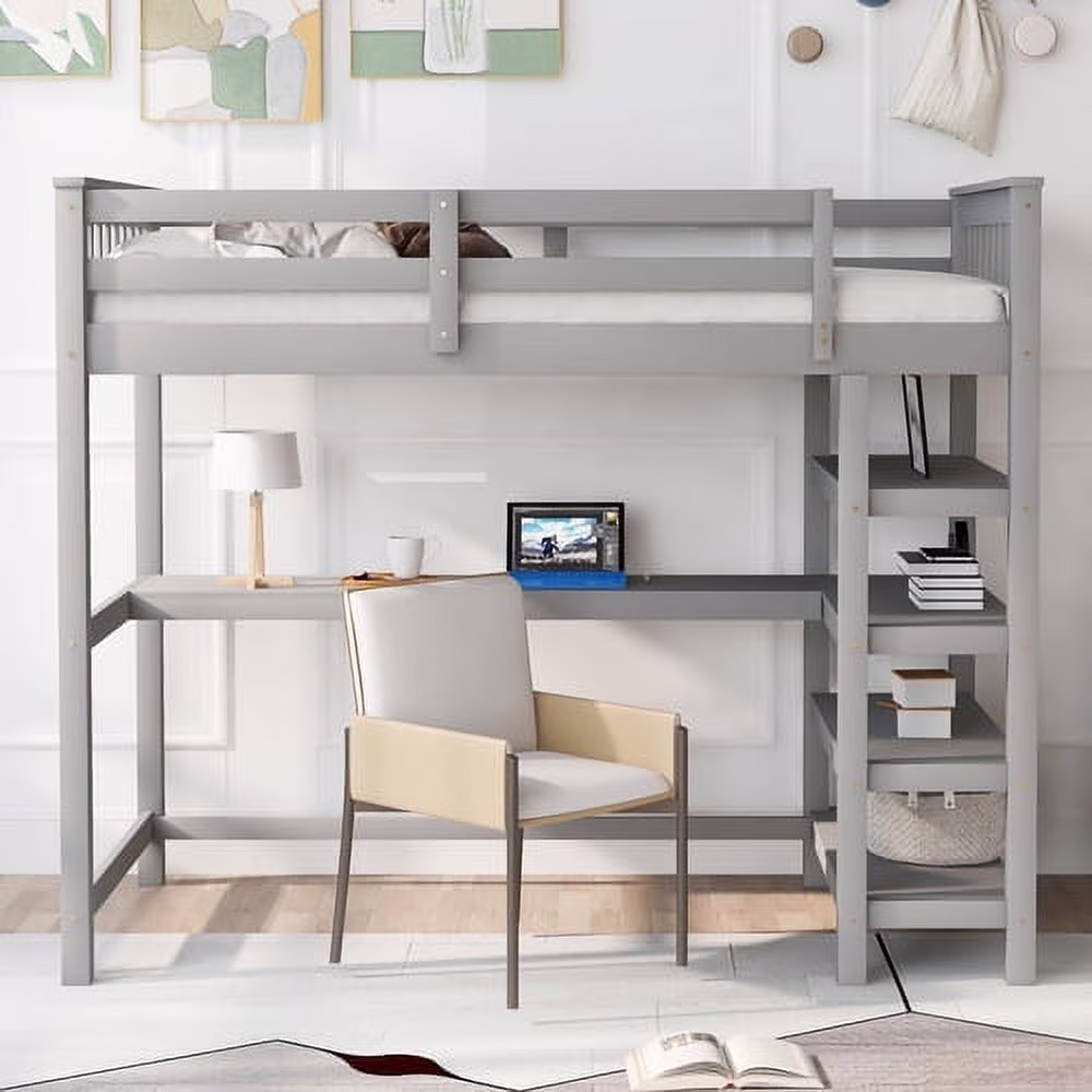 Twin Size Loft Bed with Storage Shelves and Under-bed Desk, Gray