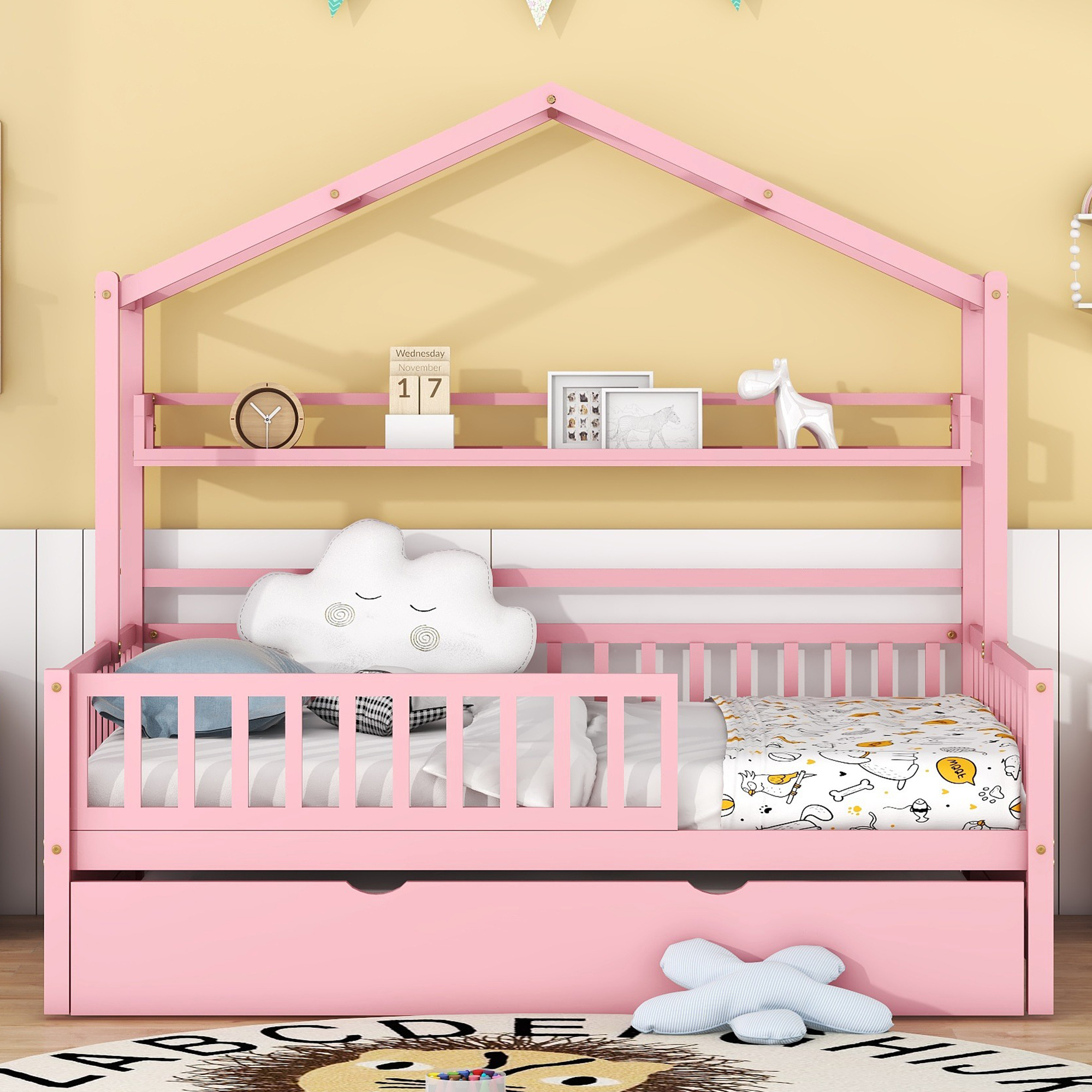 CoSoTower Wooden Full Size House Bed with Twin Size Trundle,Kids Bed with Shelf, Pink