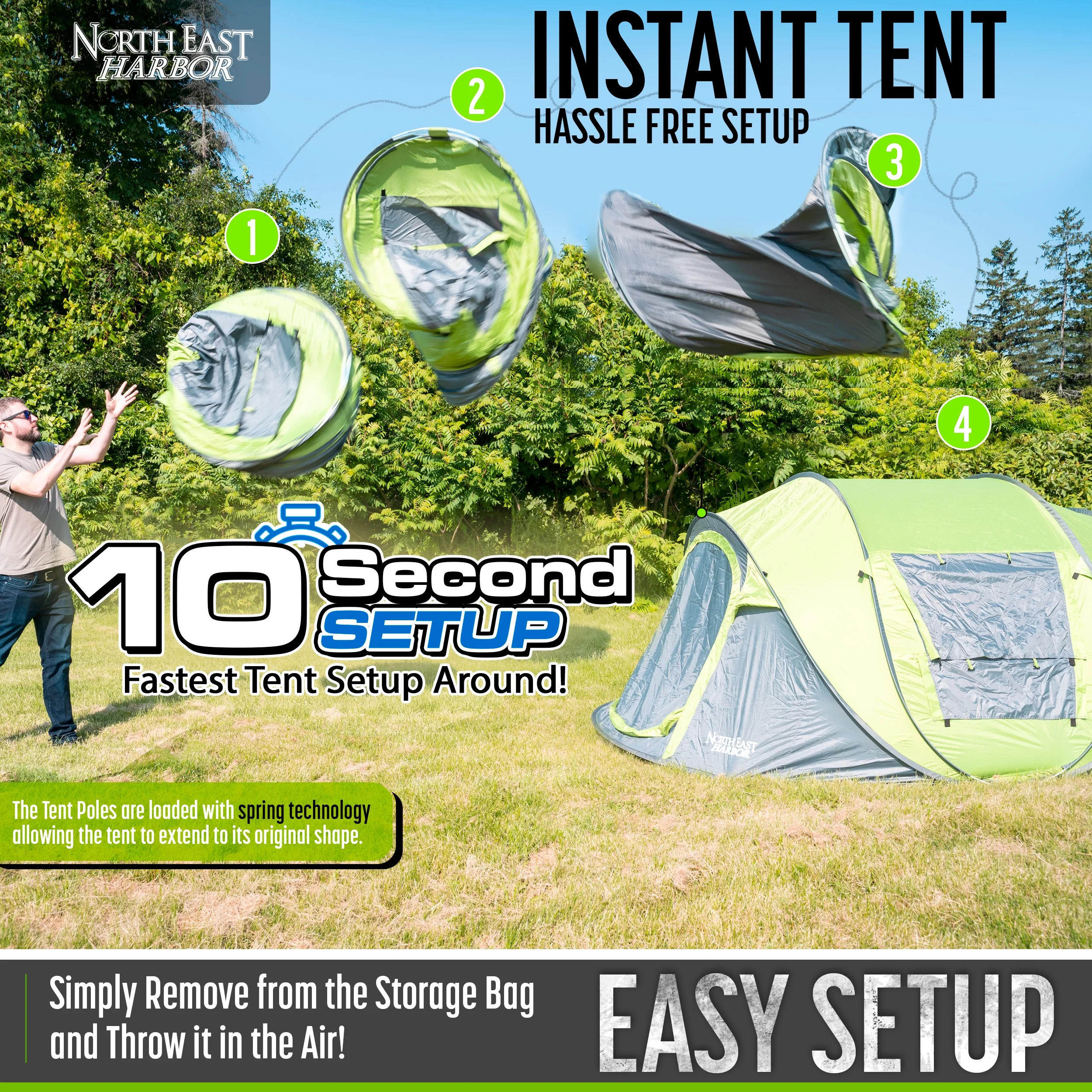 4 Person Easy Pop Up Tent Water-Resistant Lightweight Portable Camping Tent Instant Tent Quick Automatic Setup Family Tent with Porch Ideal for Camping, Backpacking, Hiking, Traveling, Beach, Festival