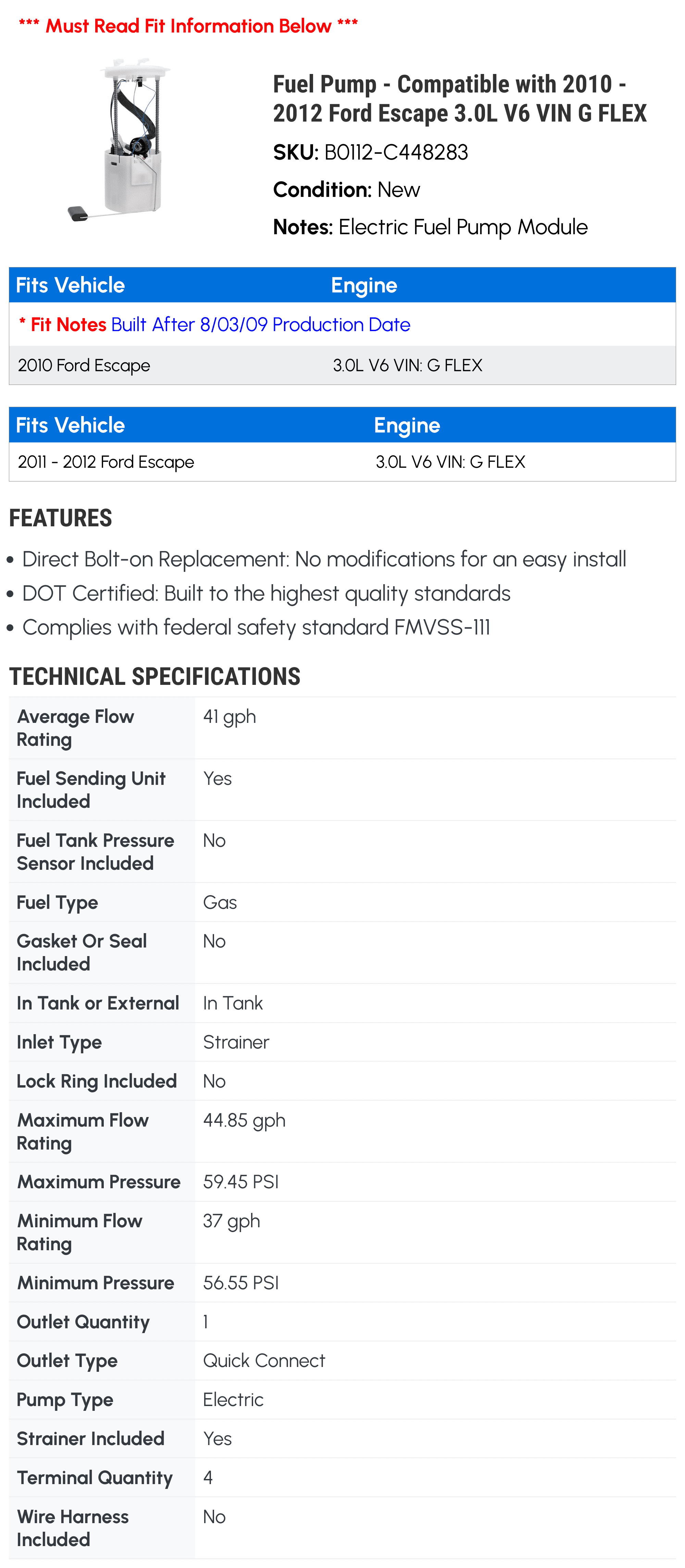 Fuel Pump - Compatible with 2010 - 2012 Ford Escape 3.0L V6 VIN G FLEX 2011