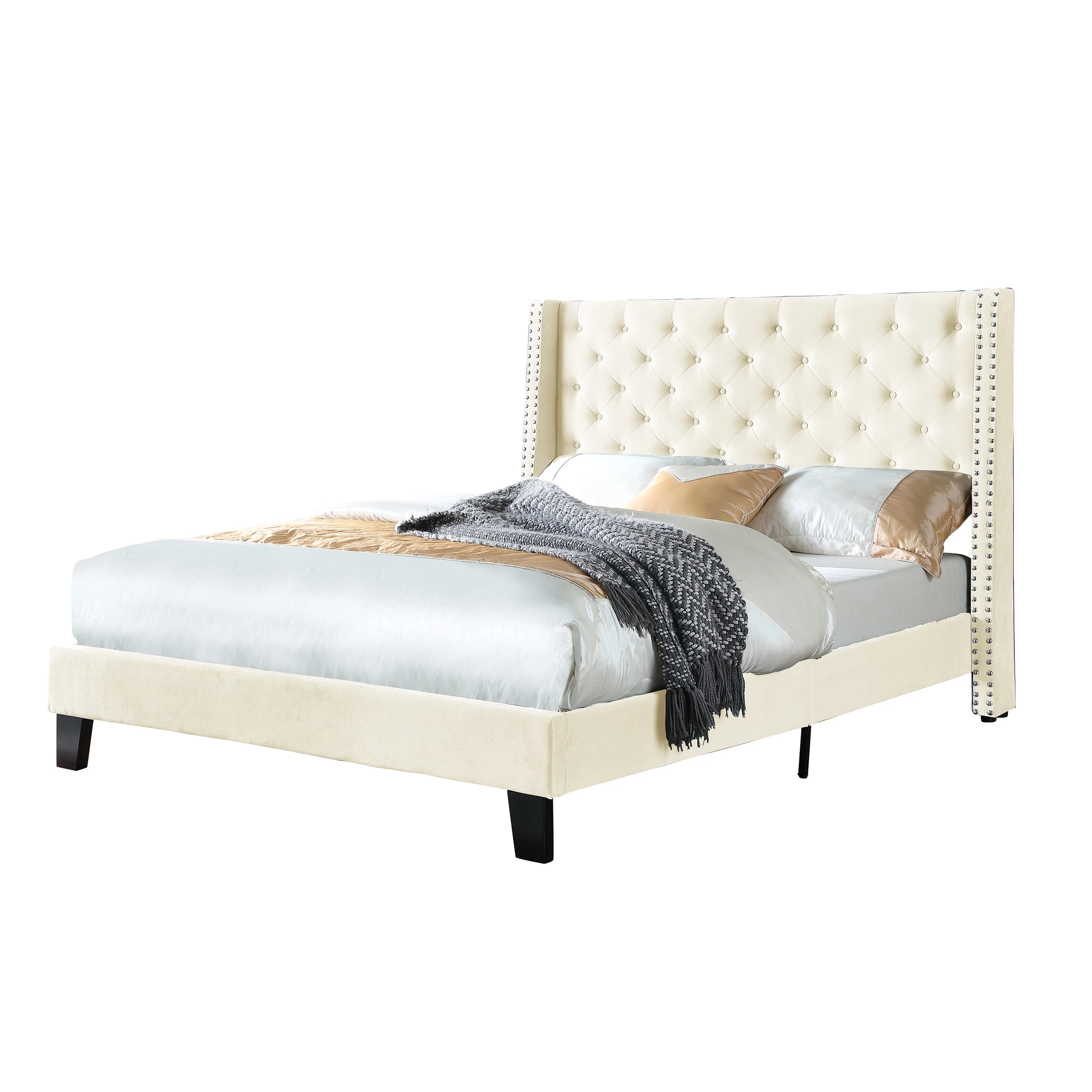 AC Pacific Modern Polyester Beige Queen Platform Bed with Nailhead Trim