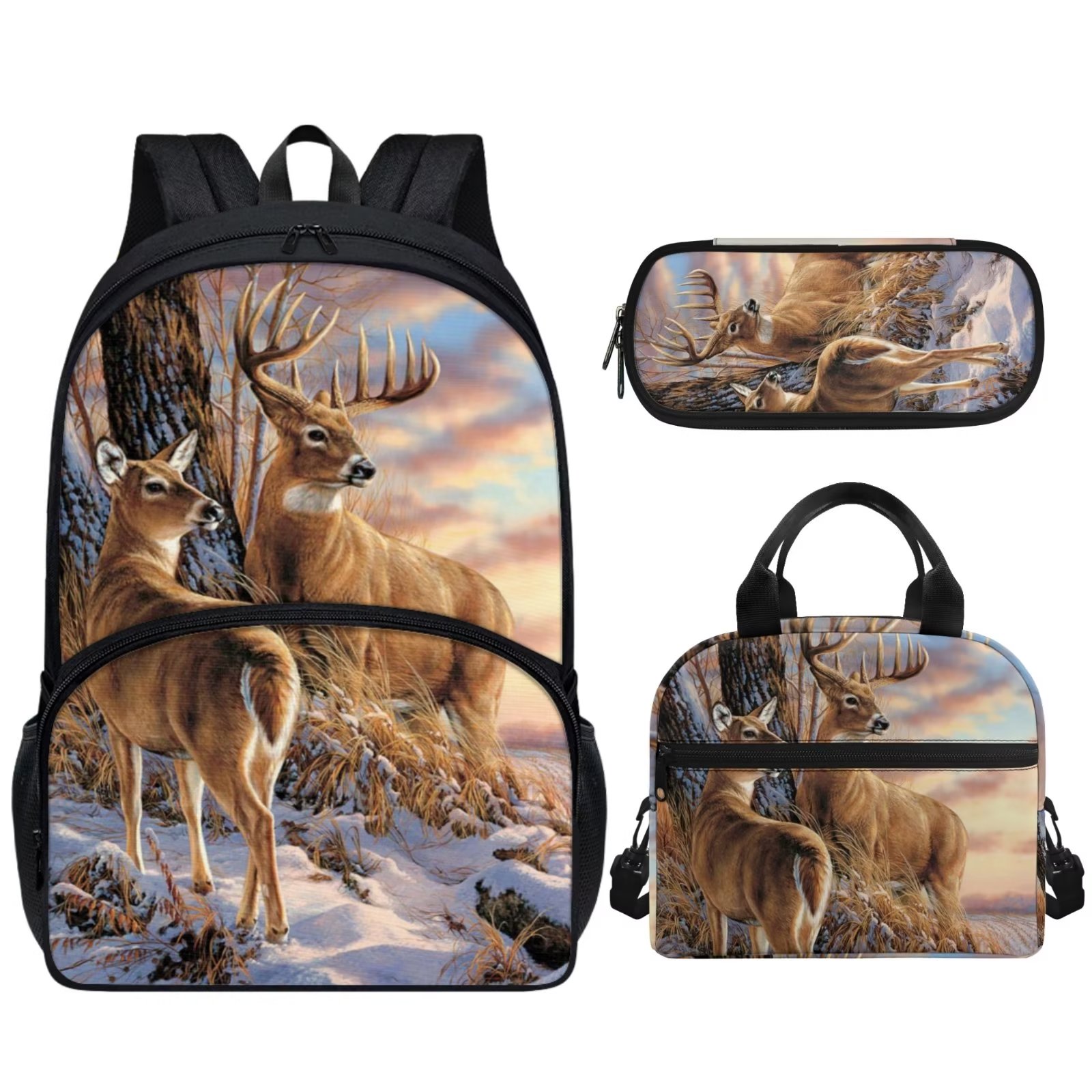 Pzuqiu Kids Backpack 3 In 1,Camo Hunting Forest Deer School Bag and Lunch Insulated Box Set for Women Girls Age 12-14 Rucksack with Food Tote Bag and Pencil Case