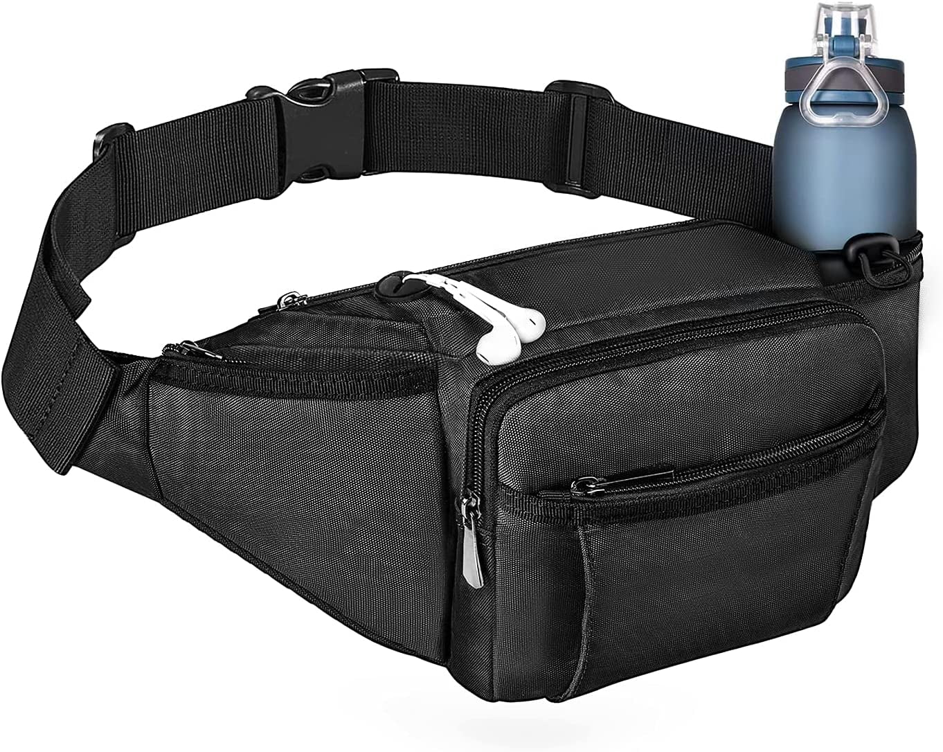 Brightify Crossbody Fanny Pack for Men Women, Large Waist Bag with Water Bottle Holder, Waterproof Hip Pack Bum Bag for Running Traveling Hiking Cycling Dog Walking, Adjustable Belt Strap, Black