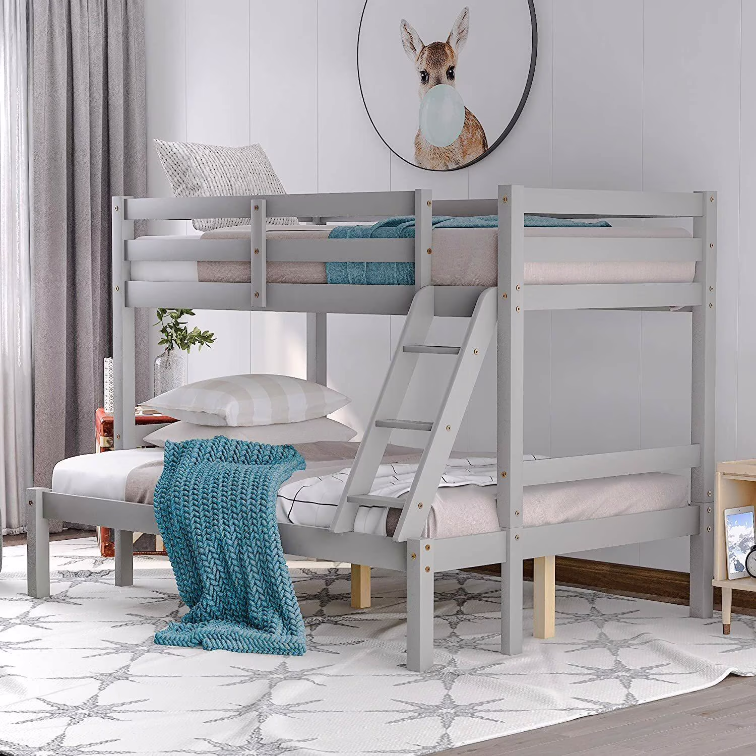 Twin Over Full Bunk Bed, Solid Wood Bunk Loft Bed Frame with Guardrail and Removable Ladder, Can be Separated into 2 Beds (Grey)