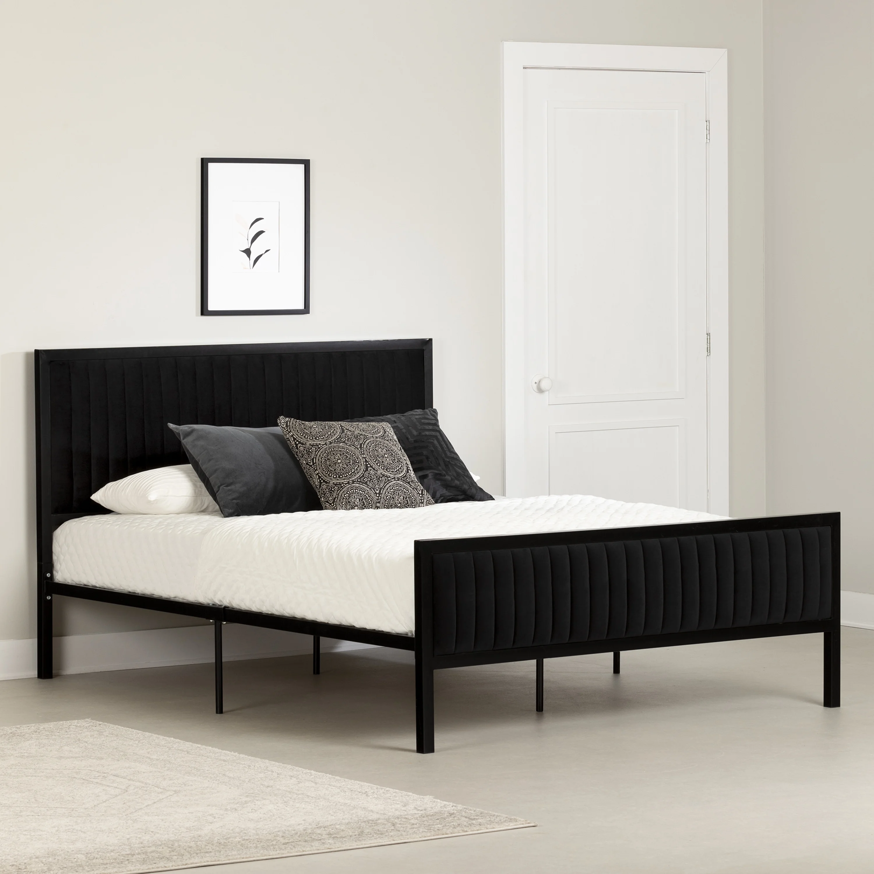 Maliza Upholstered Queen Metal Bed, Black