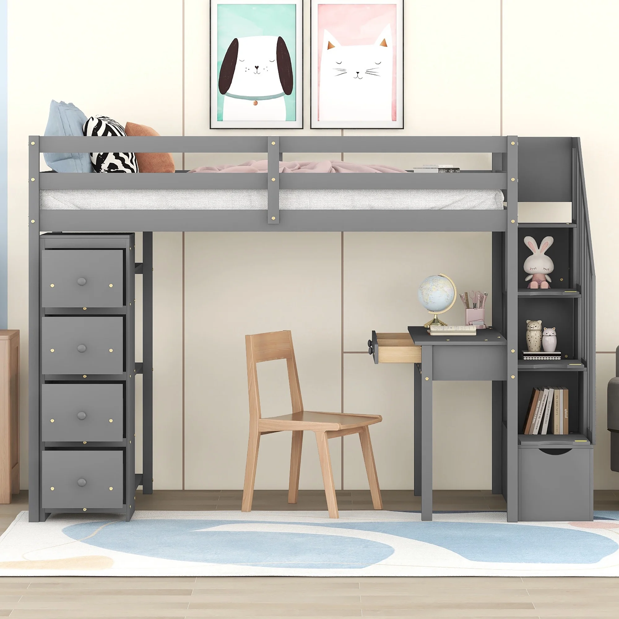 Churanty Twin Size Loft Bed with Desk and Stairs,Wooden High Loft Bed with Drawers and Shelves,Gray