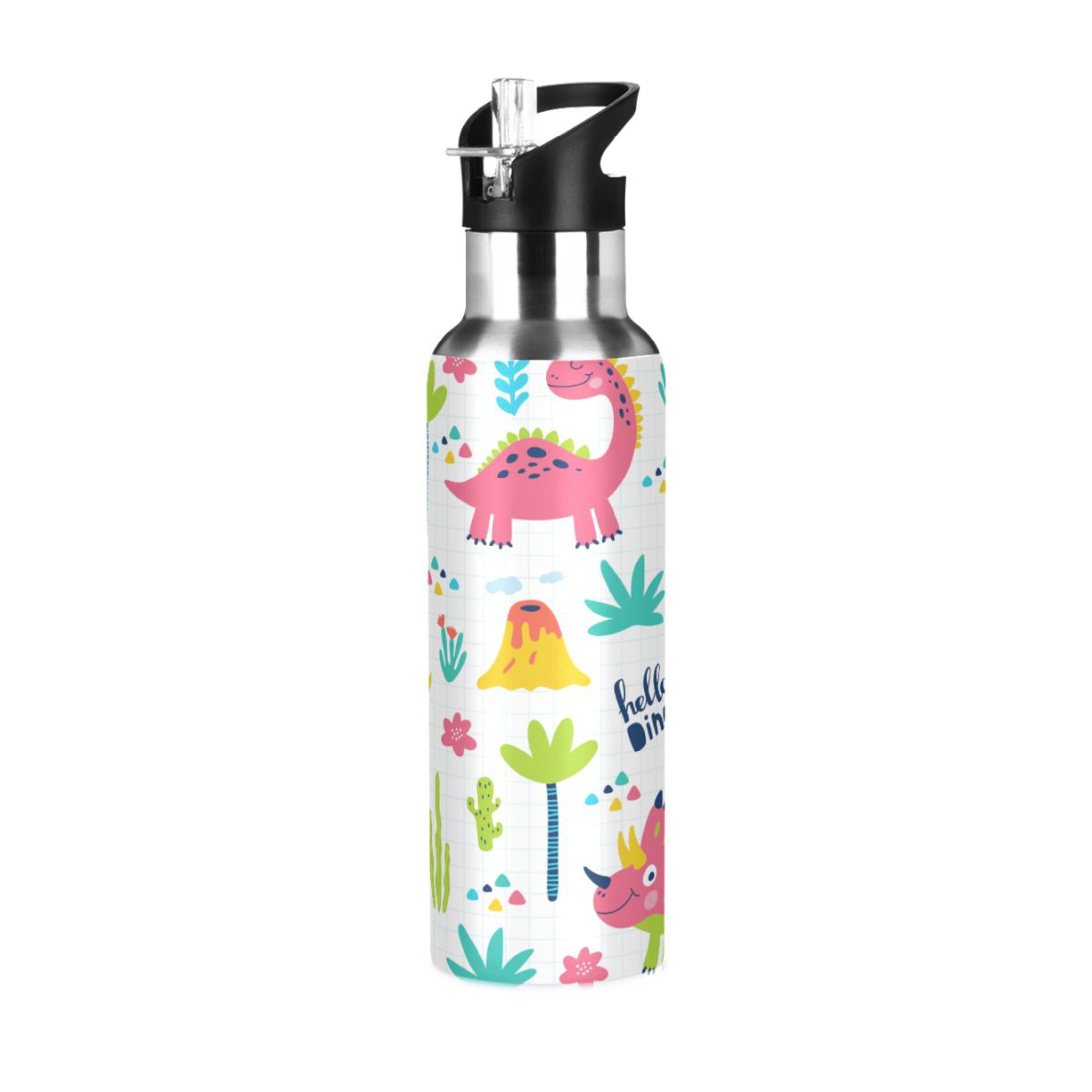 Water Bottle with Straw Lid Leak Cute Dinosaurs Plam Tree Floral Stainless Steel Insulated Thermos Vacuum Flask for Cold Hot Drinking for Sports Camping Gym Yoga
