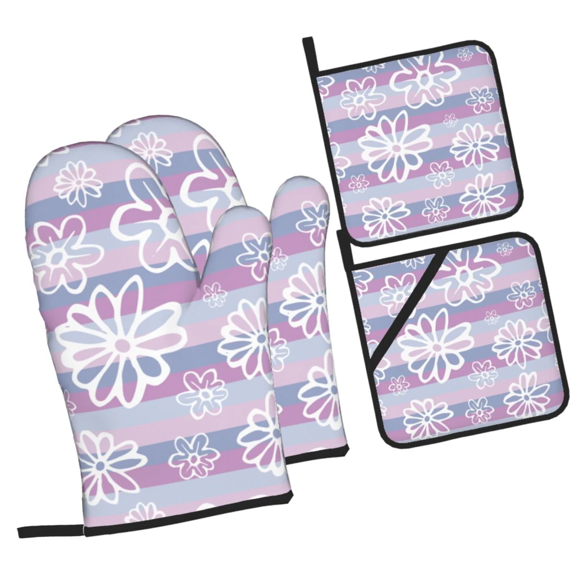 Purple Striped Flowers Oven Mitts and Pot Holders Sets Baking Sets for Kitchen BBQ Gloves Heat Resistant Cooking Line Art 4 Pieces