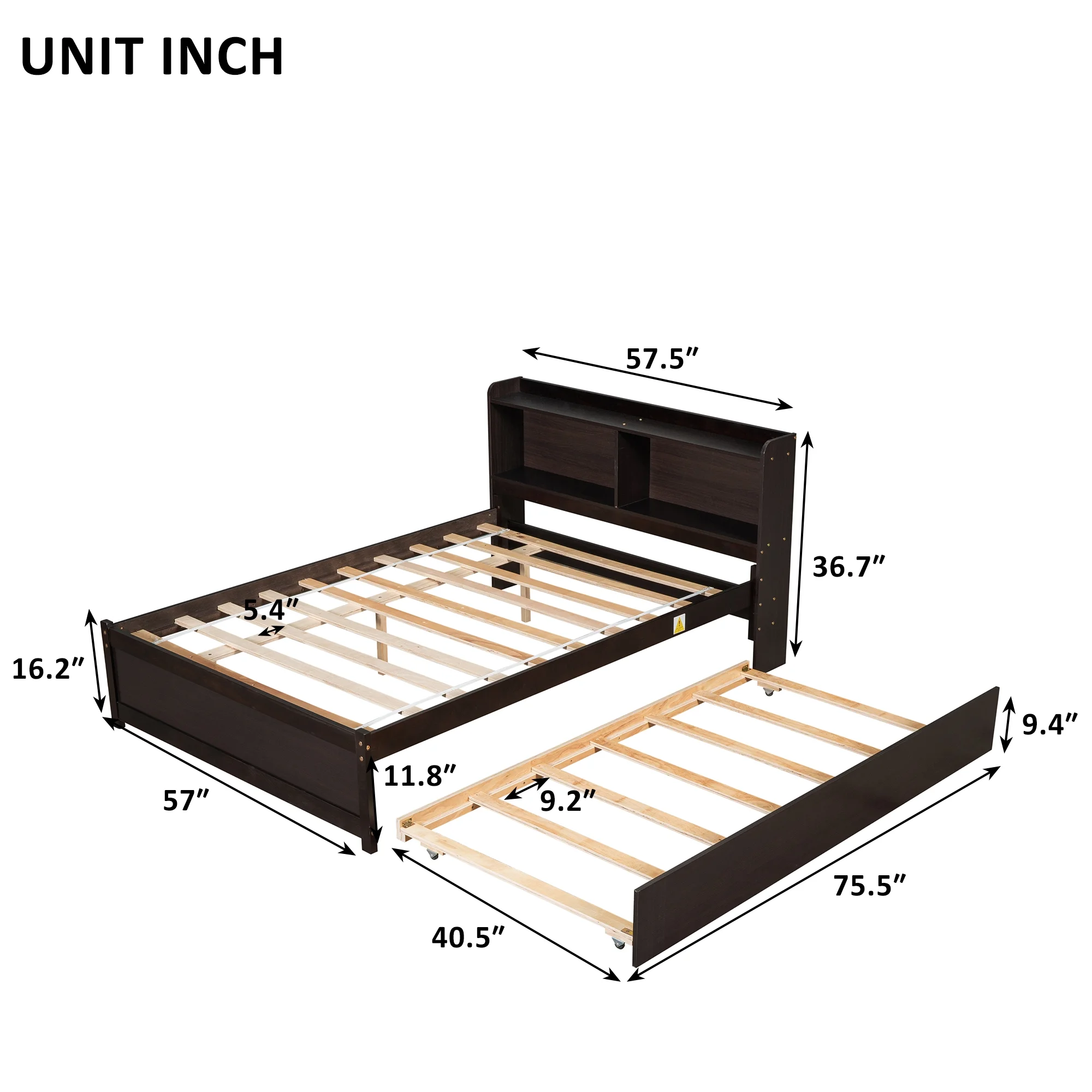 Dcenta Full Bed with Trundle,Bookcase,Espresso