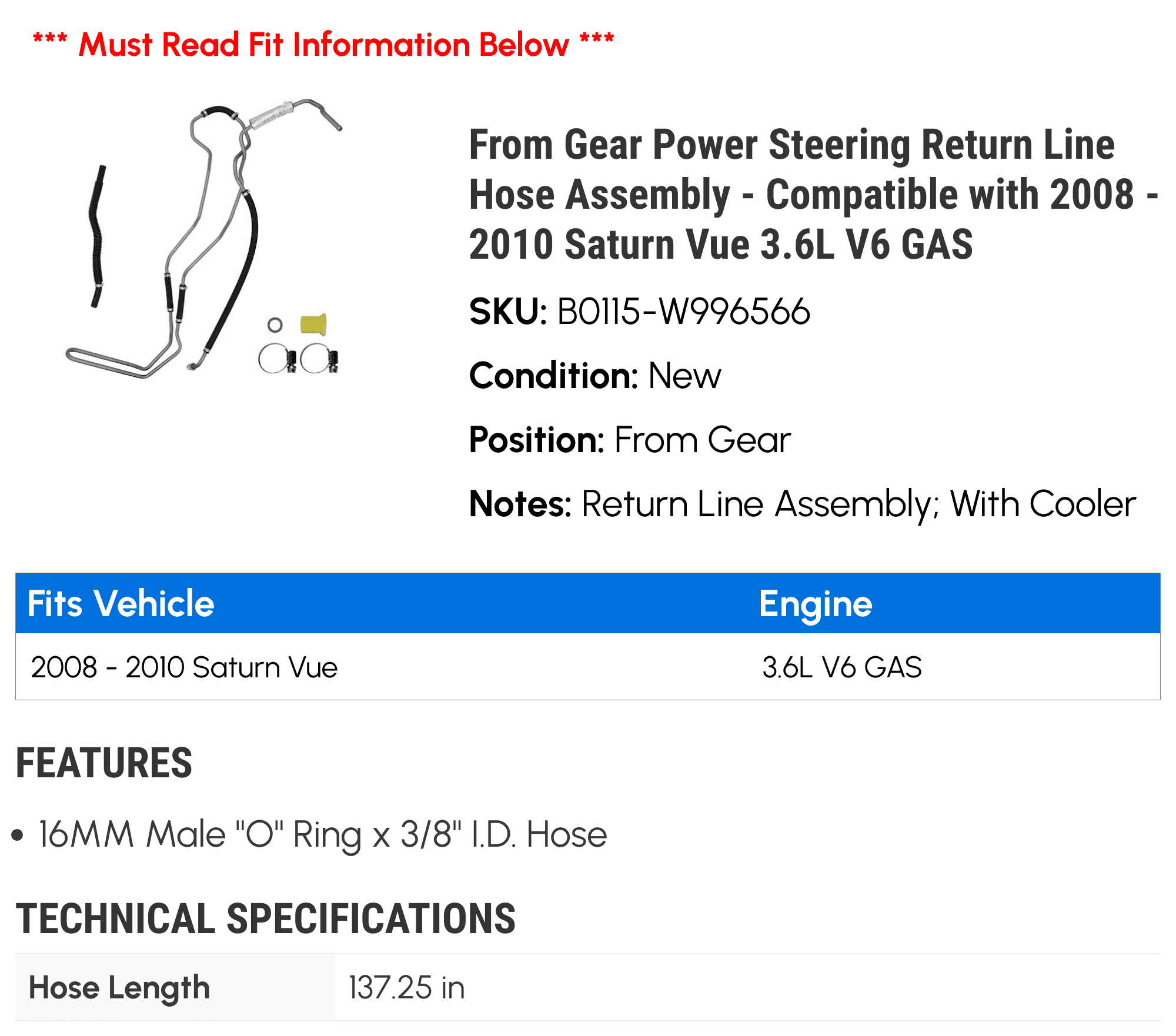 From Gear Power Steering Return Line Hose Assembly - Compatible with 2008 - 2010 Saturn Vue 3.6L V6 GAS 2009