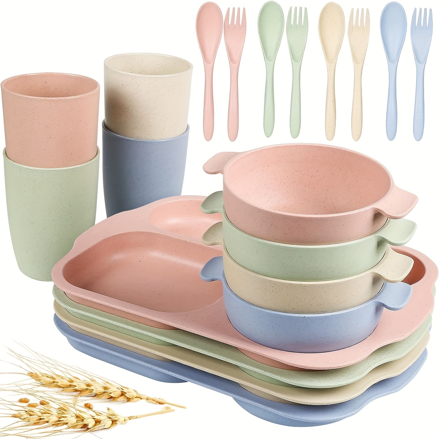 20pcs Wheat Straw Dinnerware Cutlery Set, Divided Plates And Bowls Sets, Microwave Safe Unbreakable Tableware Spoon Knife Cup, Dishwasher Safe For Kitchen Picnic School