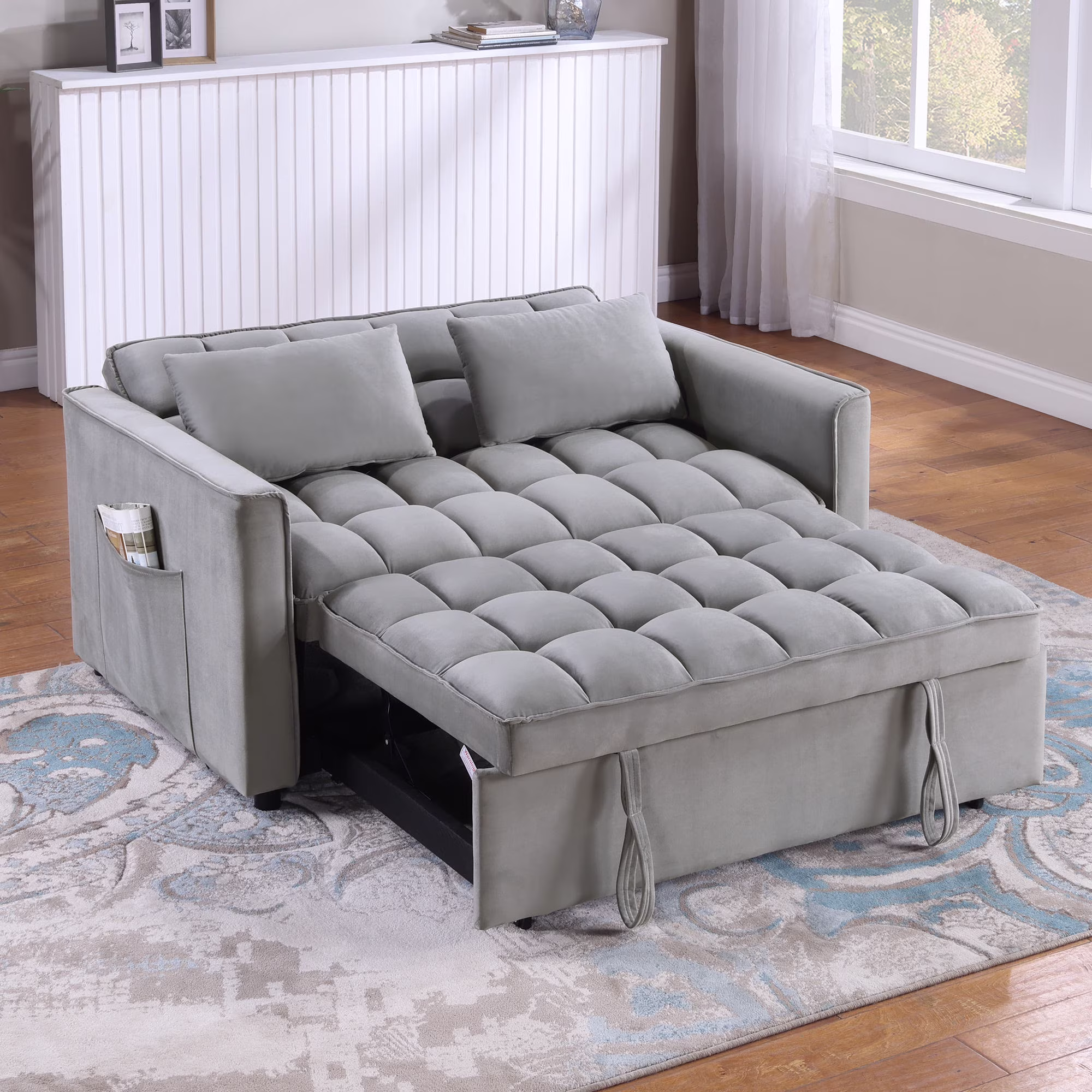 Duhome Sleeper Sofa Bed 3 in 1 Tufted Convertible Couch Bed Pull Out Velvet Loveseat with Reclining Adjustable OSS Pillows and Pockets,Grey