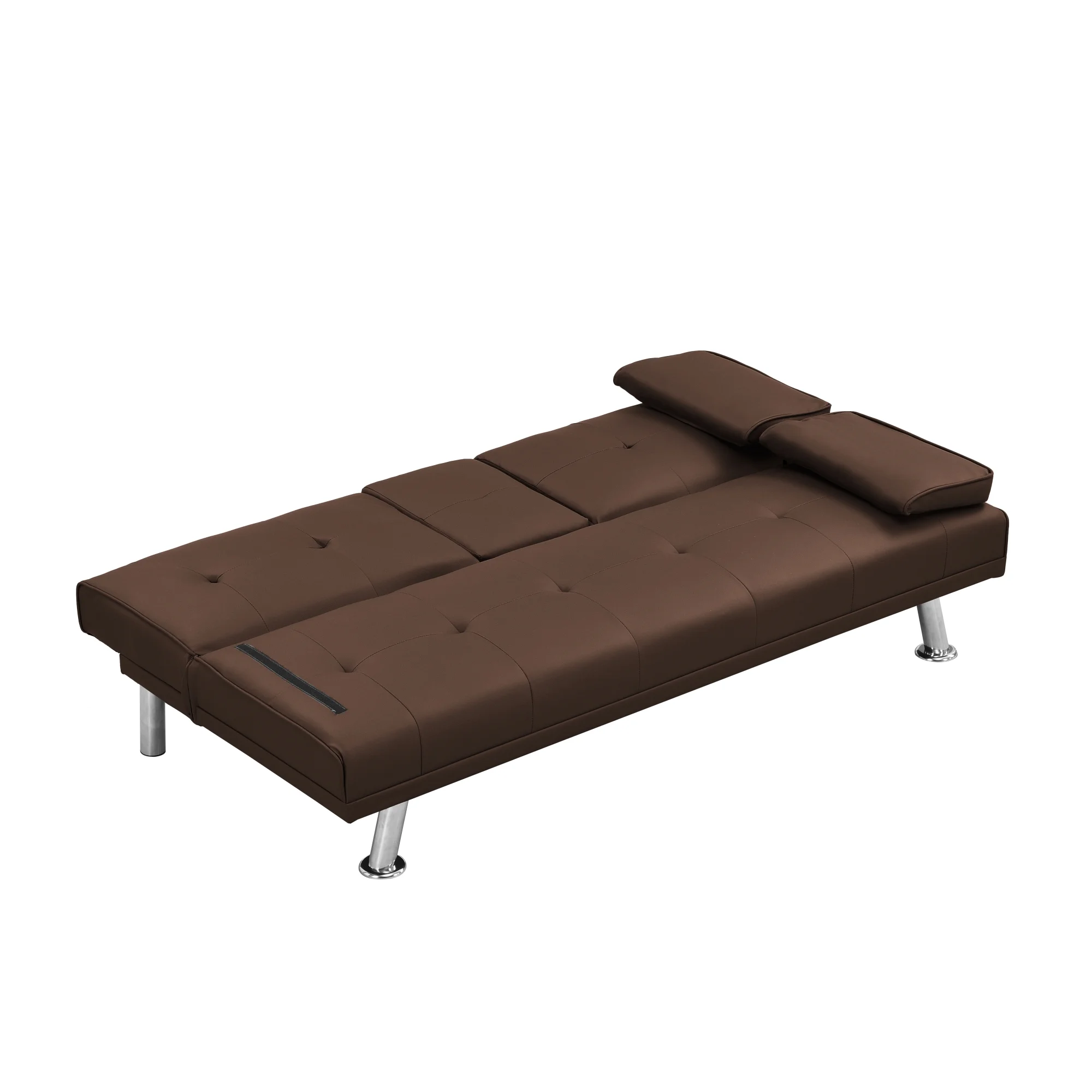 Sofa Bed with Armrest two holders WOOD FRAME, STAINLESS LEG, FUTON BROWN PVC