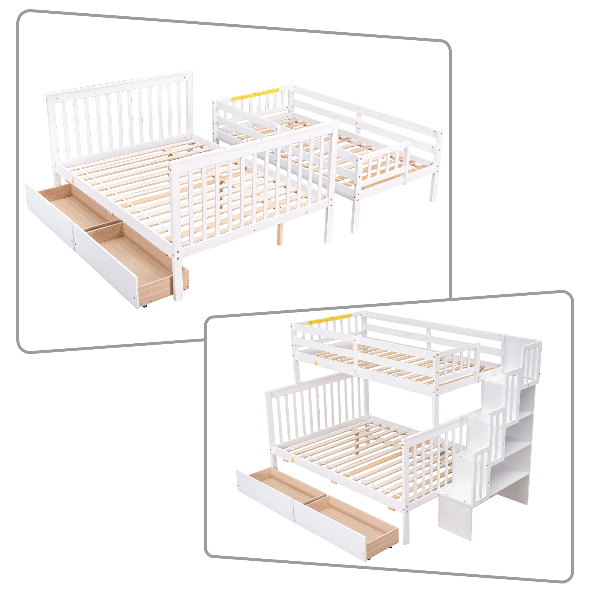 Classic Minimalist Style Wooden Bunk Bed with Staircases and 2 Drawers, White