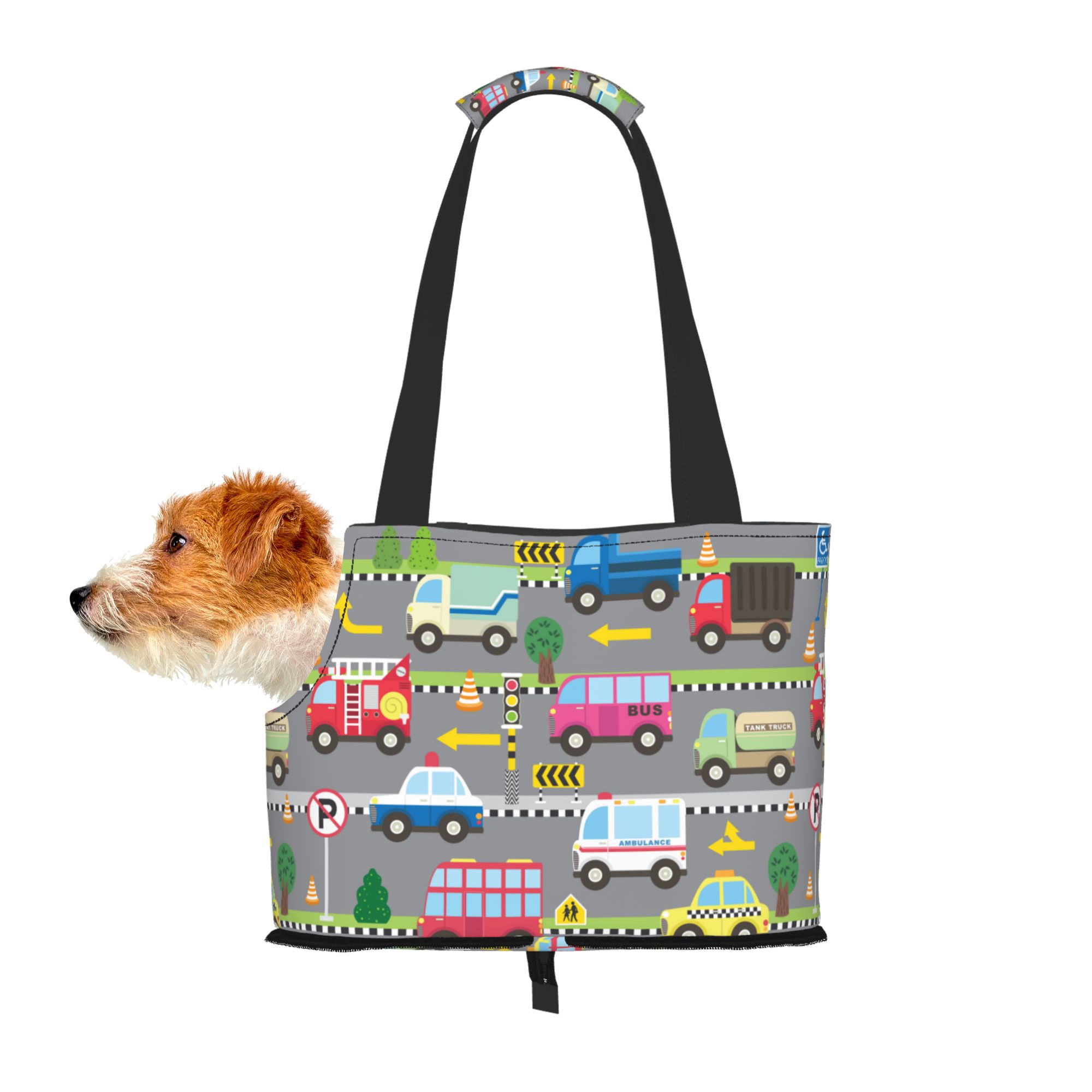 TEQUAN Foldable Dog Purse Carrier, Collapsible Cute Cars Transportation Theme Prints Pet Travel Tote Bag for Small Cat Puppy, Waterproof Dog Soft-Sided Carriers