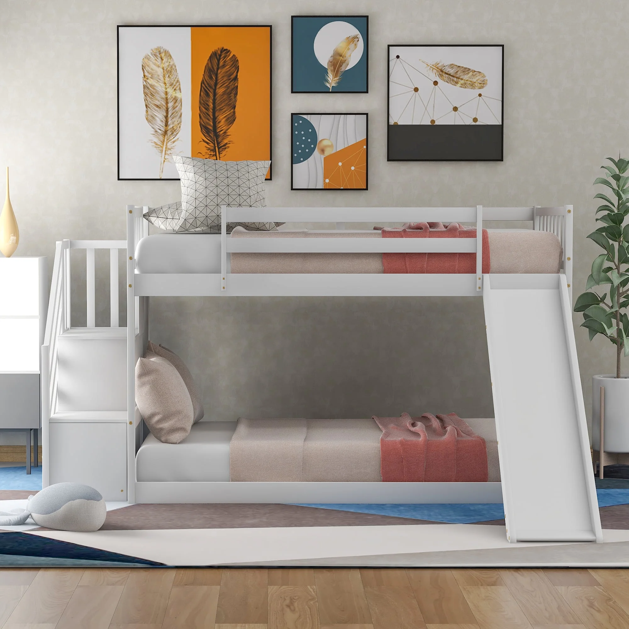 Bunk Bed Twin Over Twin: Loft Bed Meter Bunk Bed with Slide Stairs Low Bunk Bed for Kids