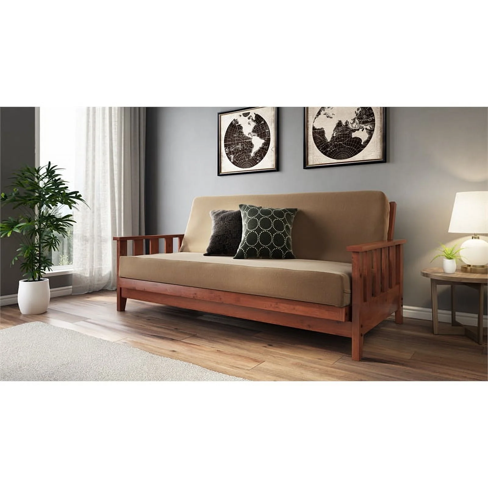 All Wood Canby Futon Package in Warm Cherry (Oak) with Stratus Futon and Cover