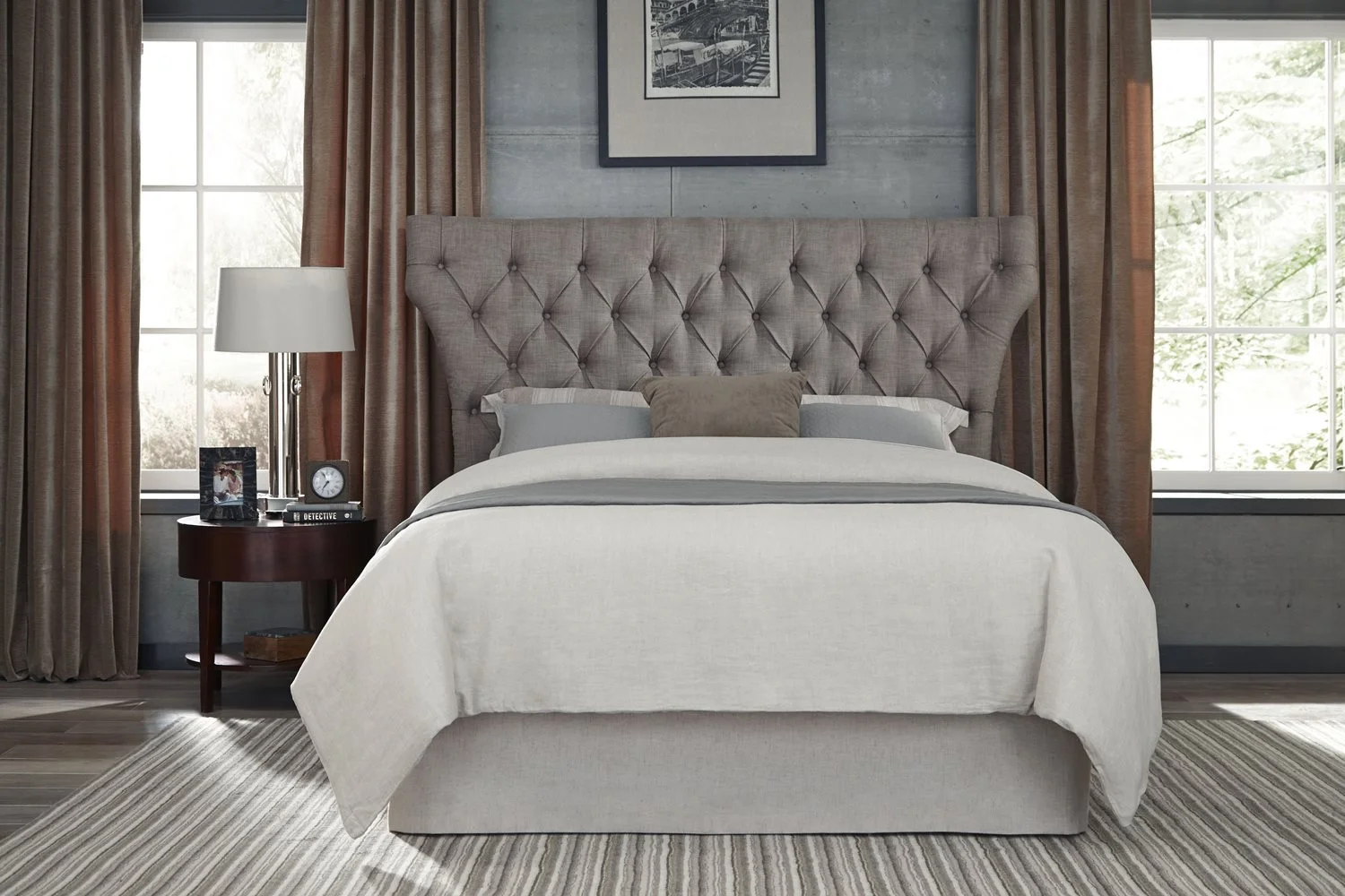 Maxwell Modern E King Headboard Bed in Linen Elephant Grey Fabric with Button Tufting