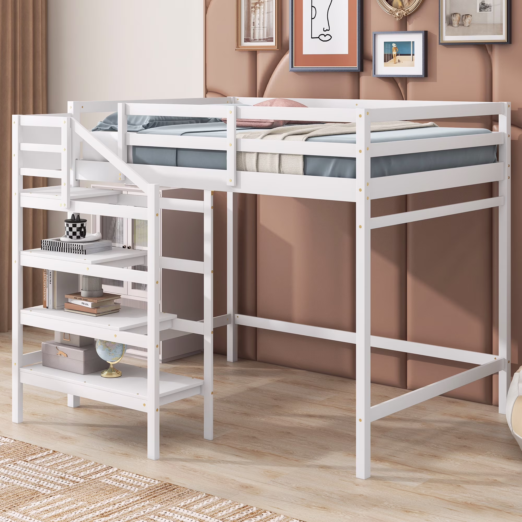 Aukfa Full Size Loft Bed with Storage Staircase, Wood Bed Frame for Kids Adults - White