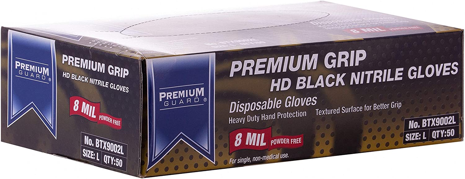 Premium Guard - Nitrile Gloves Heavy Duty 8 Mil Disposable, Powder Free, Black, 50 Gloves per Box (Large)