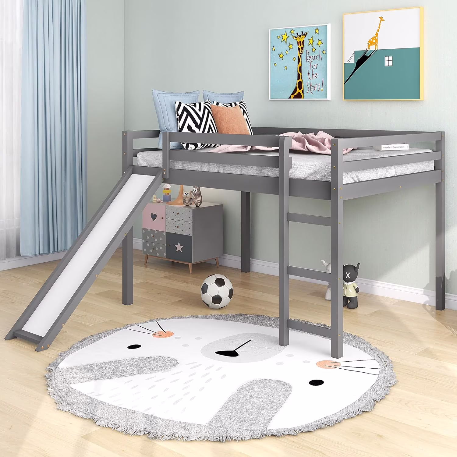 Full Lof Bed Wih Slide, Wood Low Surdy Lof Bed Frame, Full Size Lof Bed For Kids/eens/Grils/Boys, No Box Spring Needed, Gray