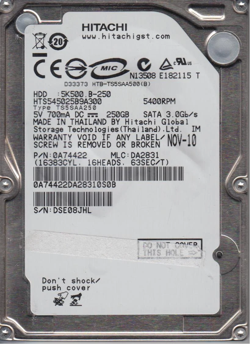 HTS545025B9A300, PN 0A74422, MLC DA2831, Hitachi 250GB SATA 2.5 Hard Drive