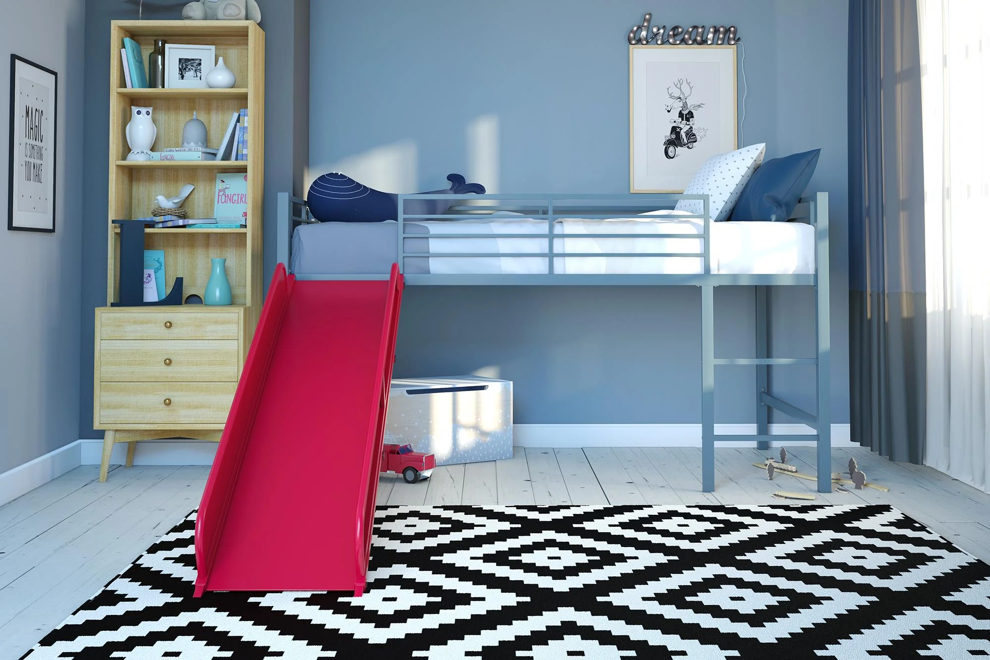 DHP Lively Junior Twin Metal Loft Bed, Silver with Red Slide