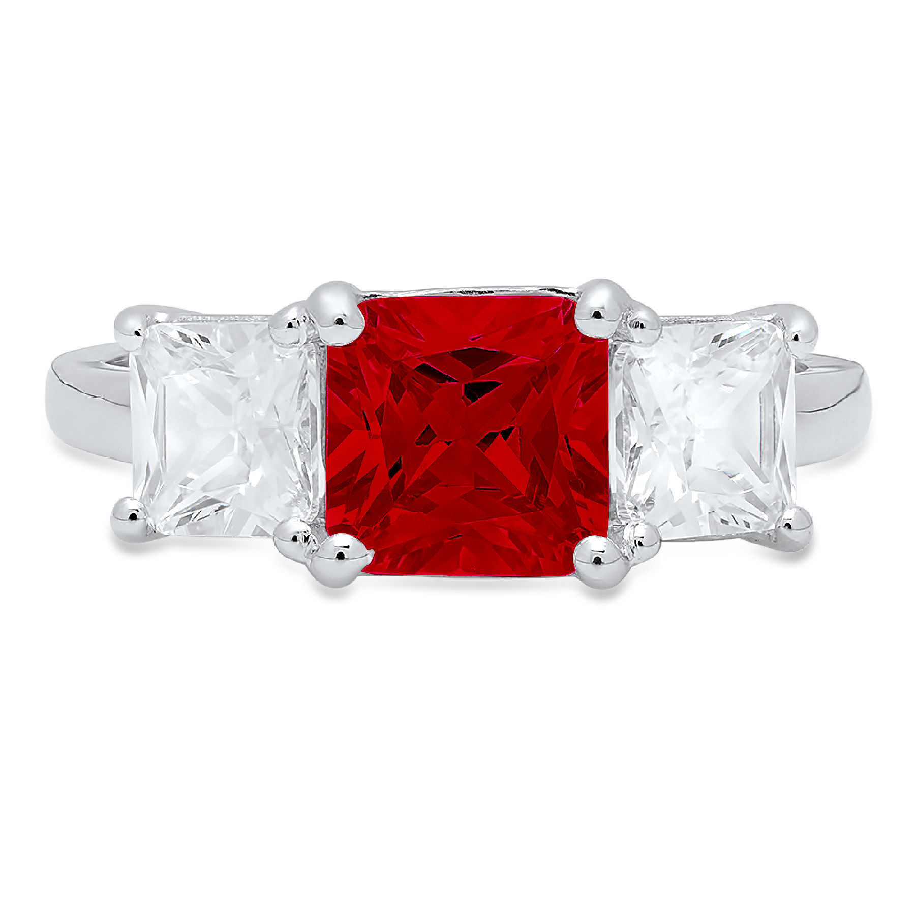 4.0 ct Brilliant Square Emerald Cut Clear Simulated Diamond 18K White Gold Three-Stone Ring SZ 6.75