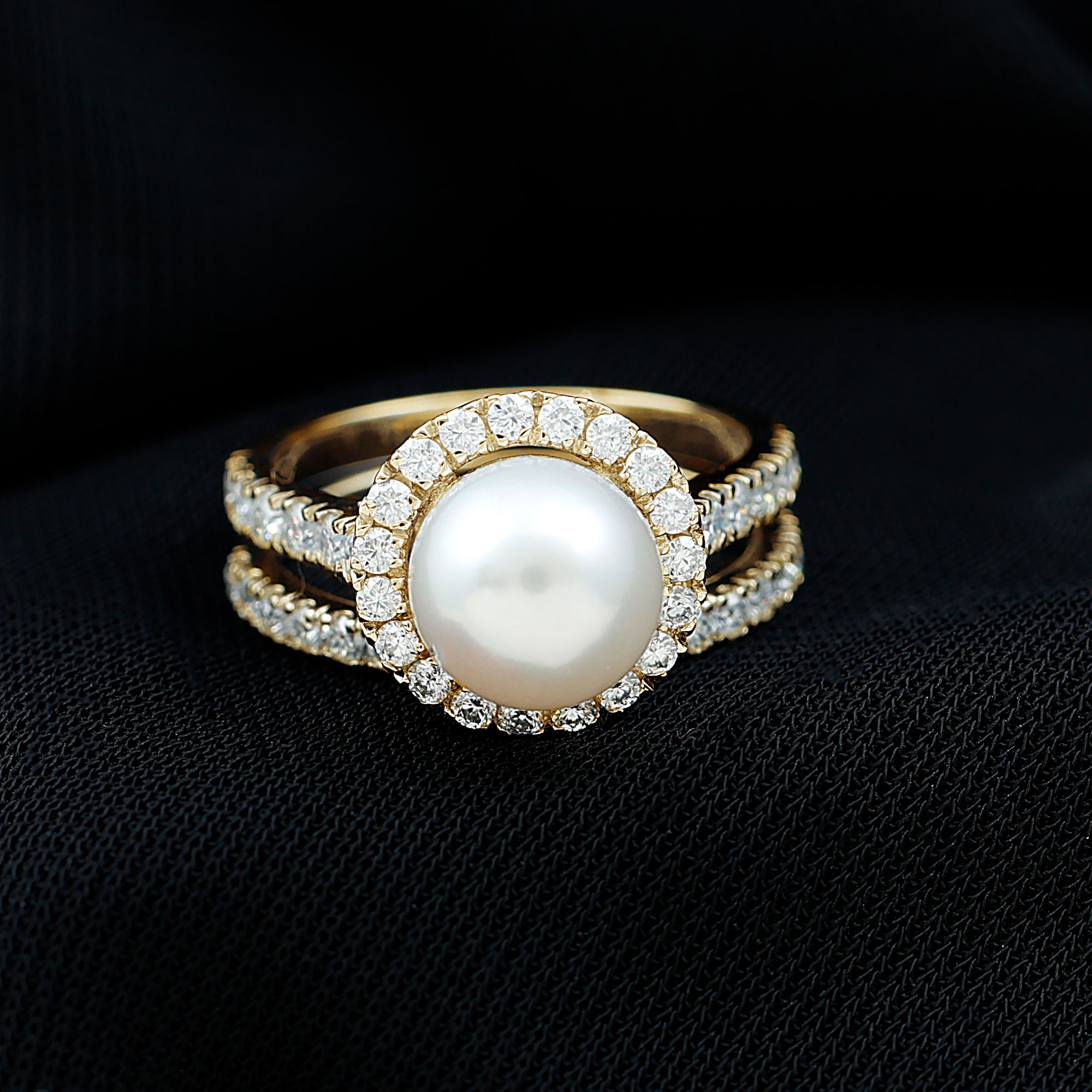 Freshwater Pearl Ring Set with Moissanite for Women, Stackable Ring Set - 9 Carat, 10K Yellow Gold, US 5.00