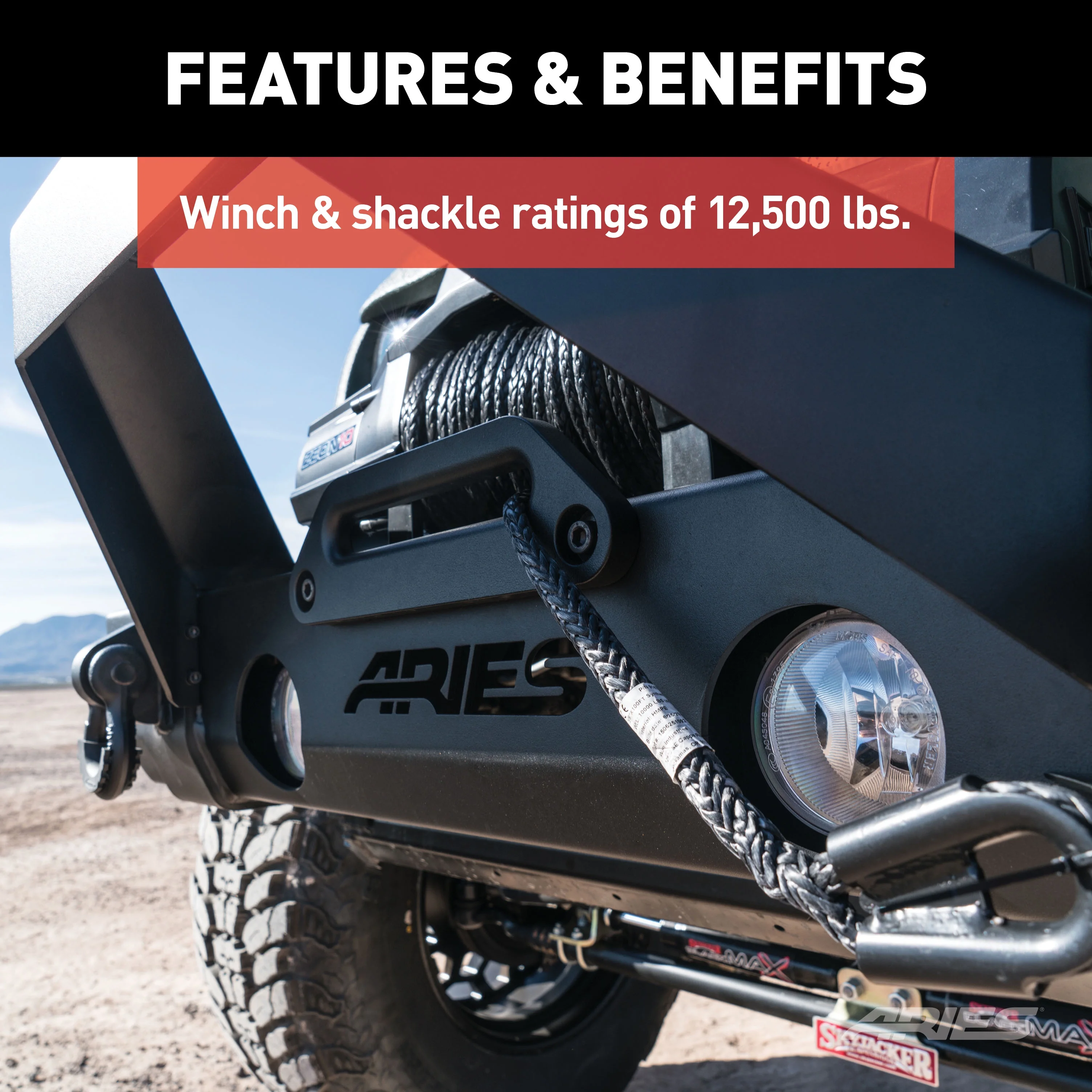 ARIES 2156000 TrailCrusher Black Steel Jeep Wrangler JK Front Bumper, 12,500 lbs Winch and Shackle Ratings Fits select: 2008,2015-2018 JEEP WRANGLER UNLIMITED