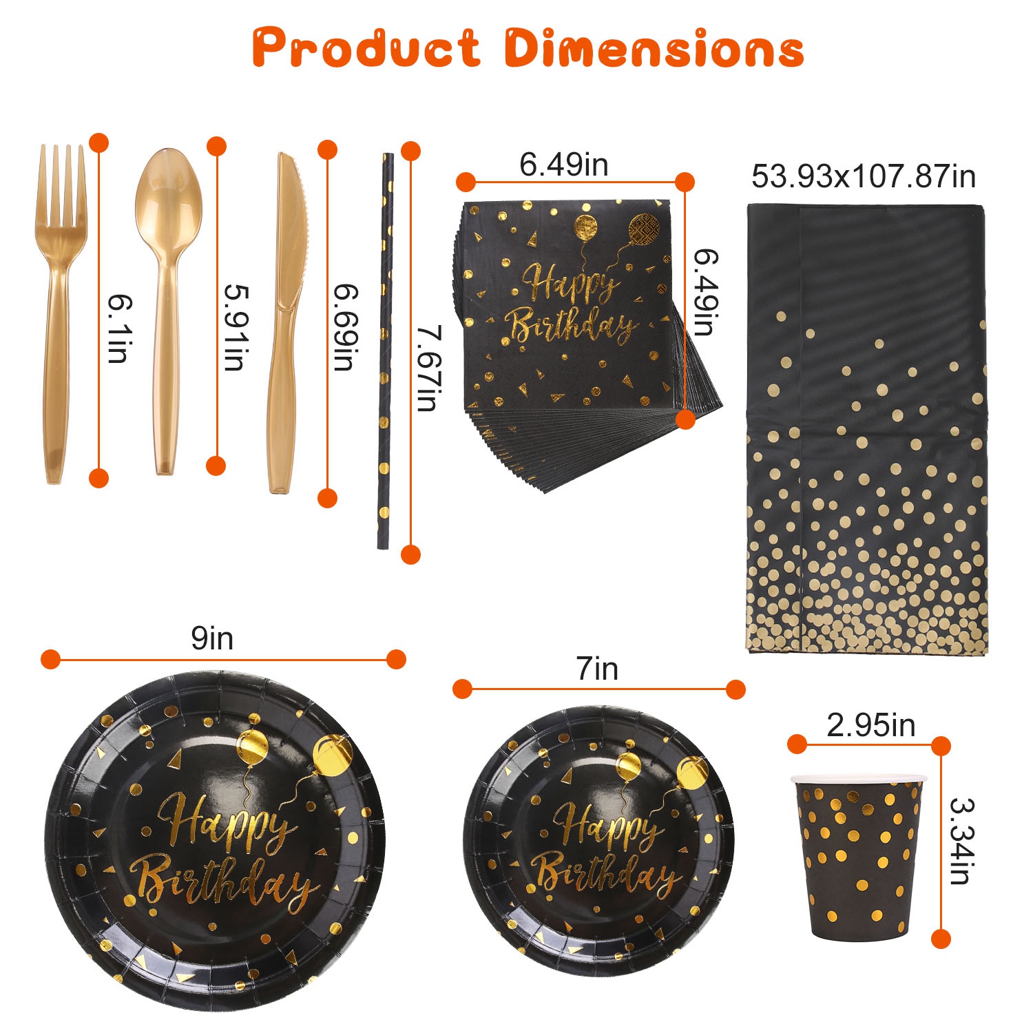 Black and Gold Birthday Party Supplies, iMounTEK 201pcs Gold Disposable Party Dinnerware Set &Golden Dot Birthday Black Paper Plates Napkins Cups, Gold Plastic Forks Knives Spoons, Serves 25