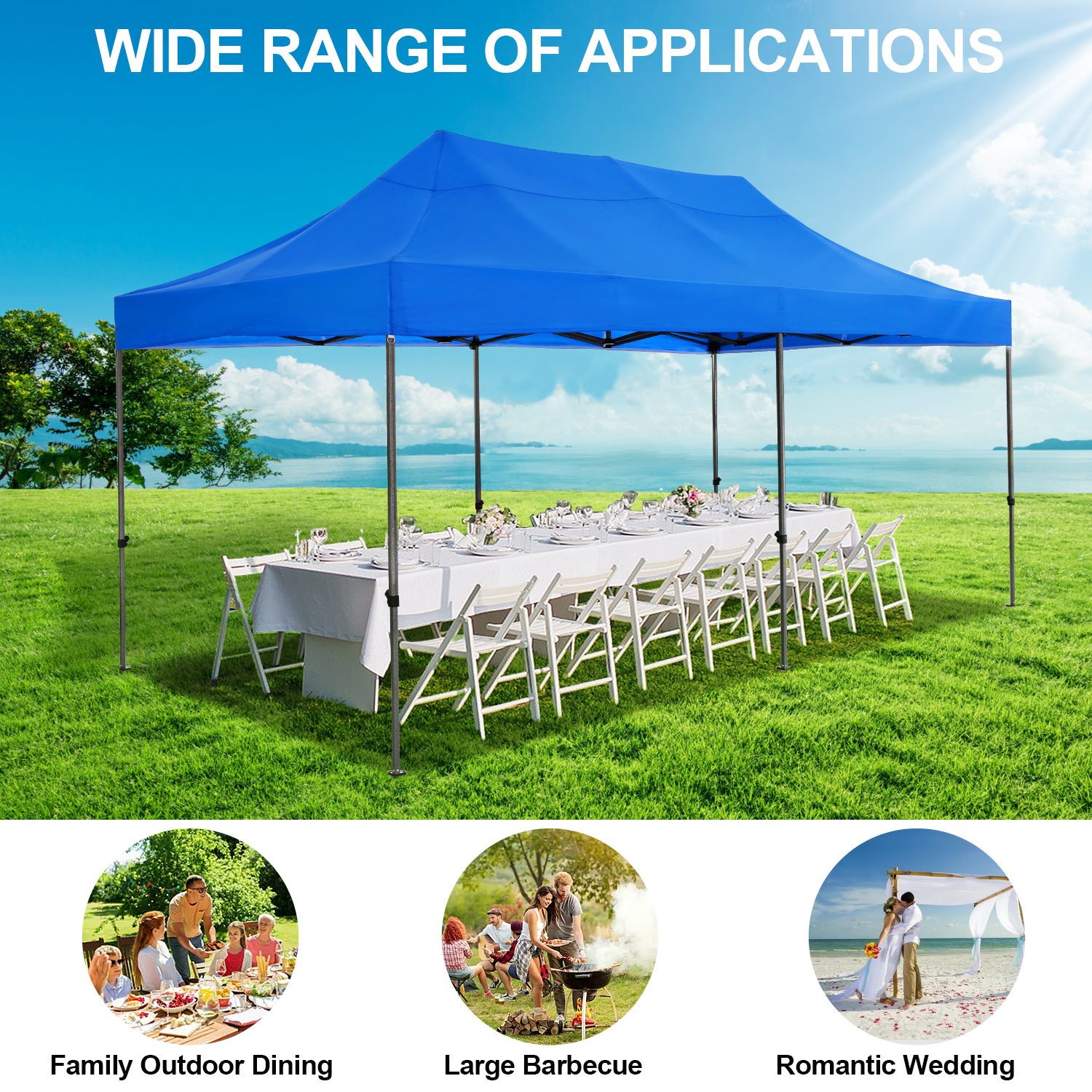 10 x 20 FT Outdoor Pop Up Canopy, Waterproof Folding Instant Beach Tent, Heavy Duty Commercial Wedding Party Tent 4 Sandbags, Rolling Bags for Easy Carrying, Blue
