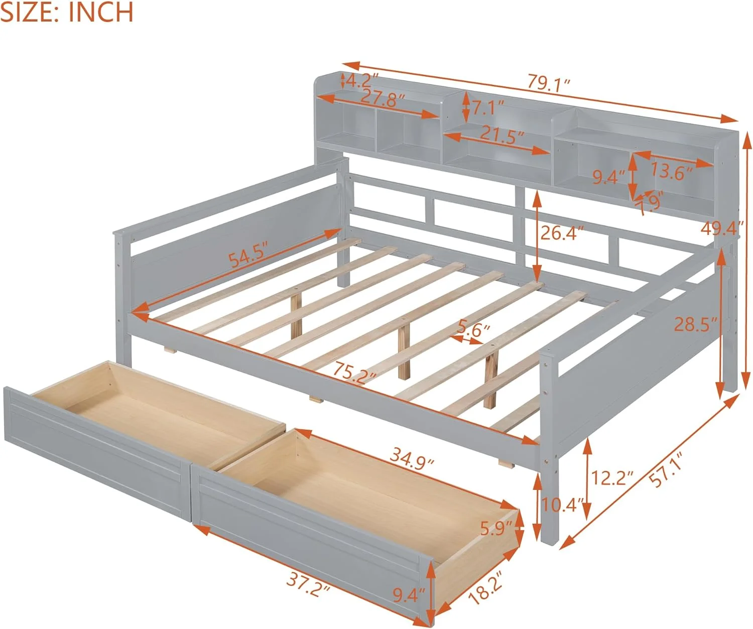 Full Size Daybed Wih Bookcase Ad Drawers, Wood Daybed Wih Sorage Headboard, Full Daybed Frame Wih Slas Suppor For Kids ees Aduls, Grey