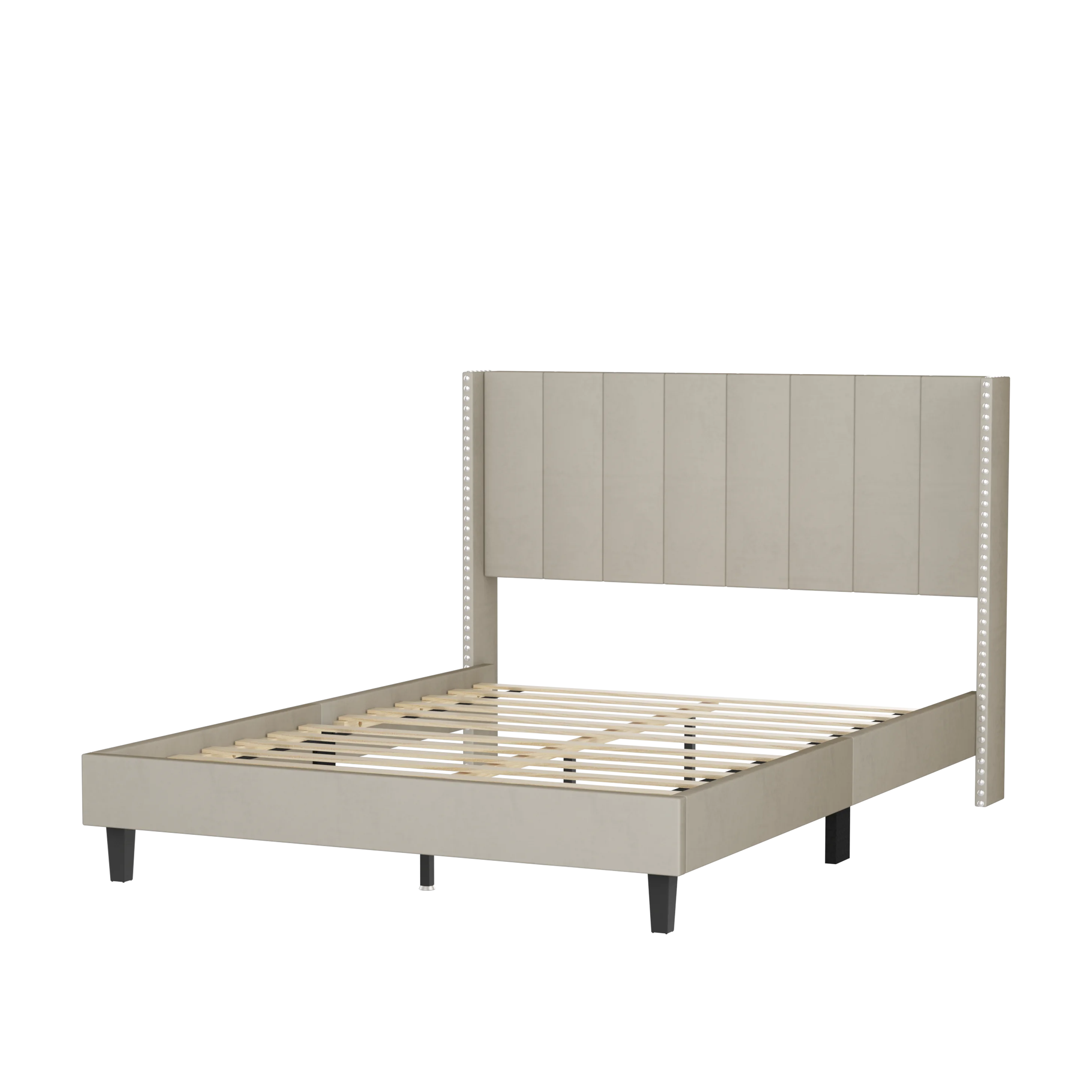 Queen Bed Frame/Velvet Upholstered Bed Frame with Vertical Channel Tufted Headboard Beige