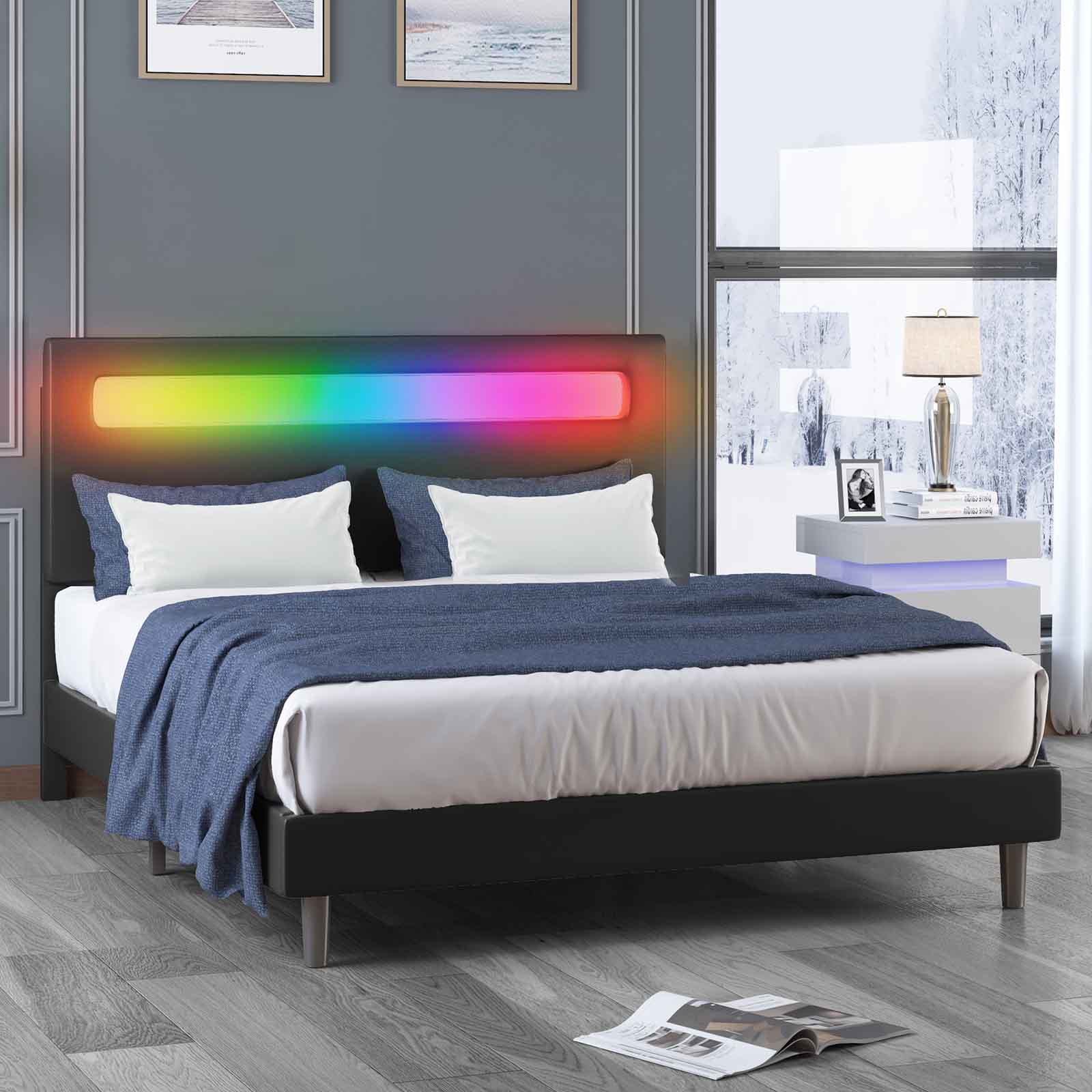CECER King Size Platform Bed Frame with Smart RGB LED Light Strip | Bed Frame with Adjustable Headboard | Compatible with Alexa & App | No Mattress No Box-Spring Needed -Black