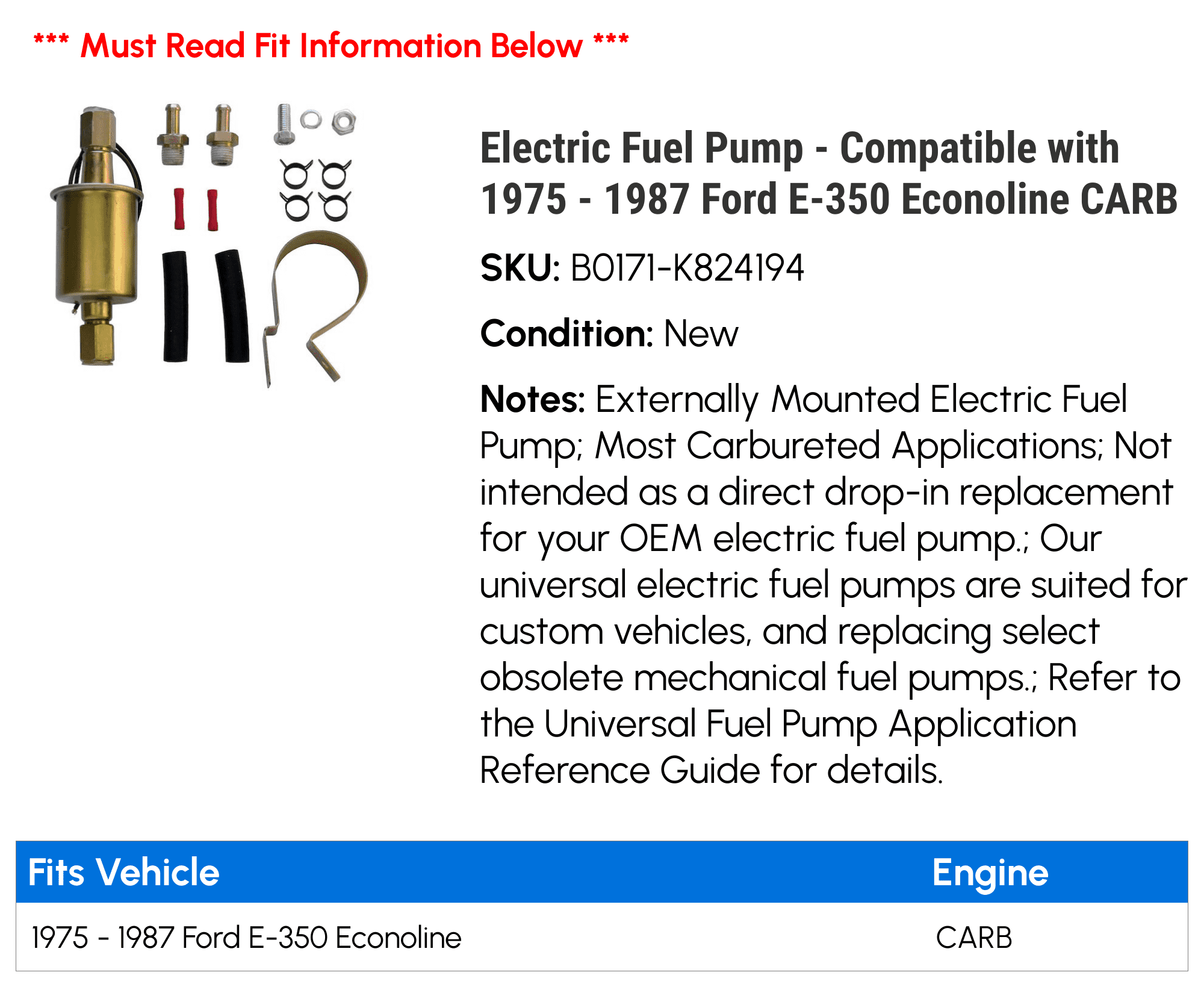 Electric Fuel Pump - Compatible with 1975 - 1987 Ford E-350 Econoline CARB 1976 1977 1978 1979 1980 1981 1982 1983 1984 1985 1986