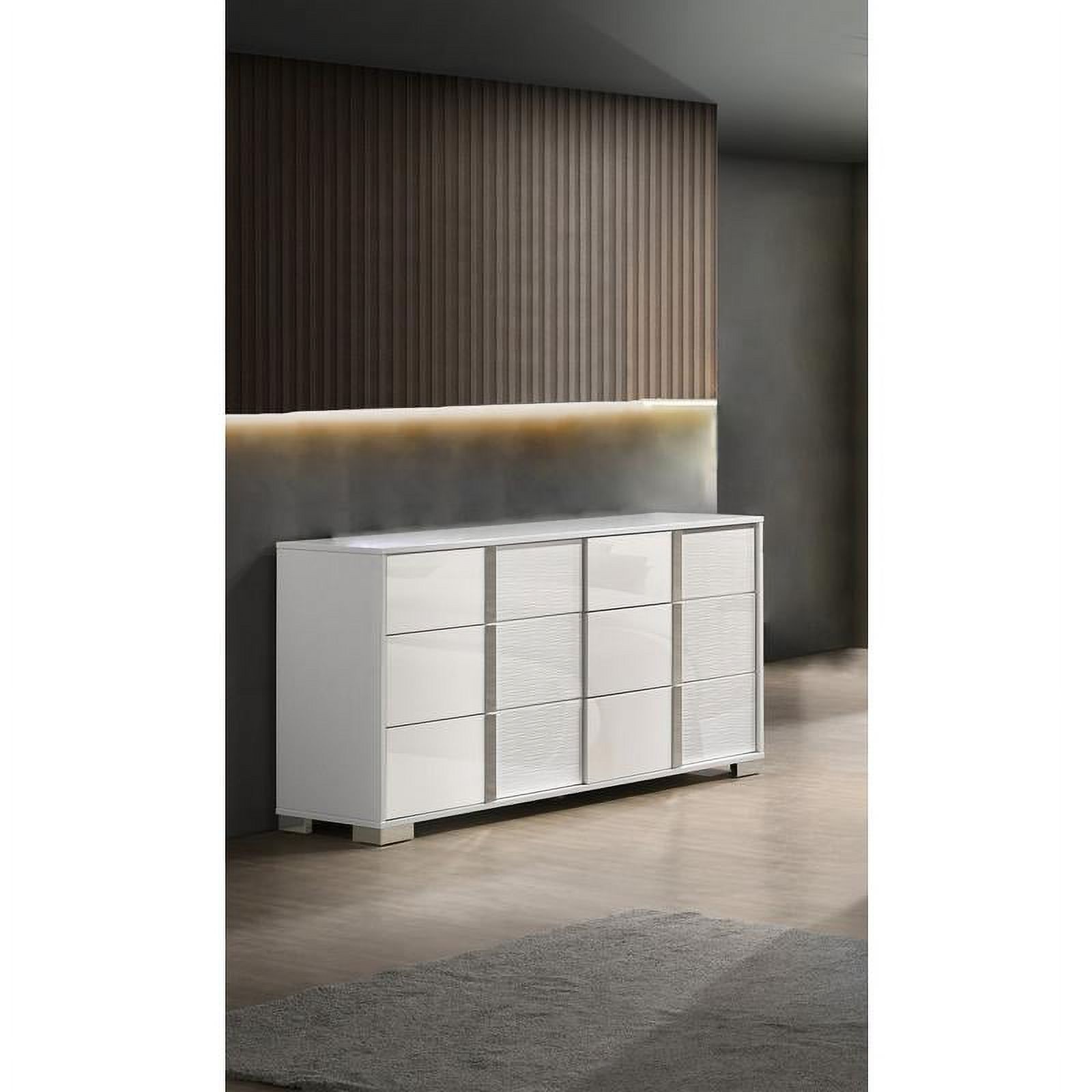 White Wood Lacquer 6 Drawer Dresser with Metal Trim Accent Handle and Leg