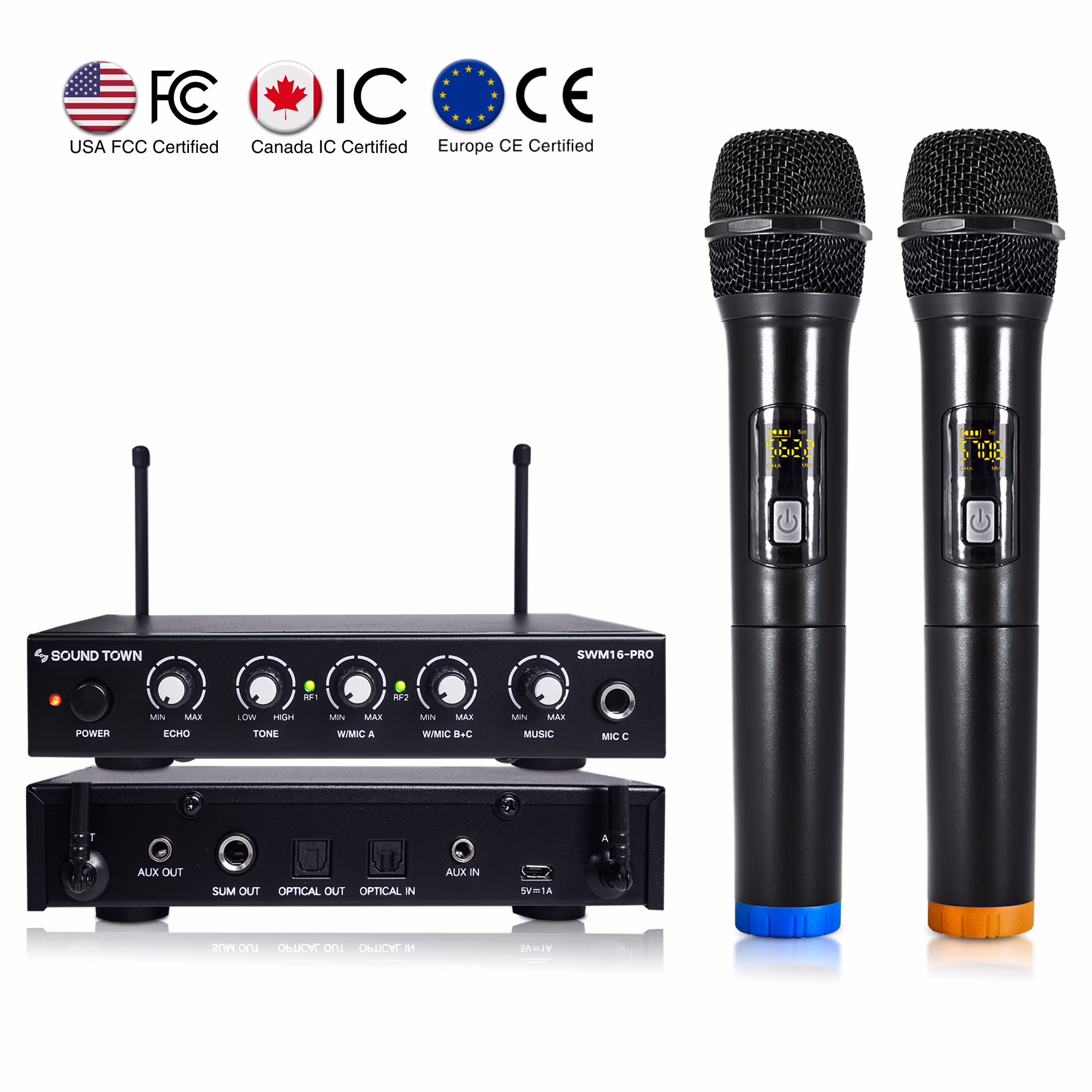 Sound Town 16 Channels Wireless Microphone Karaoke Mixer System with Optical (Toslink), AUX and 2 Handheld Microphones - Supports Smart TV, Home Theater, Sound Bar (SWM16-PRO)