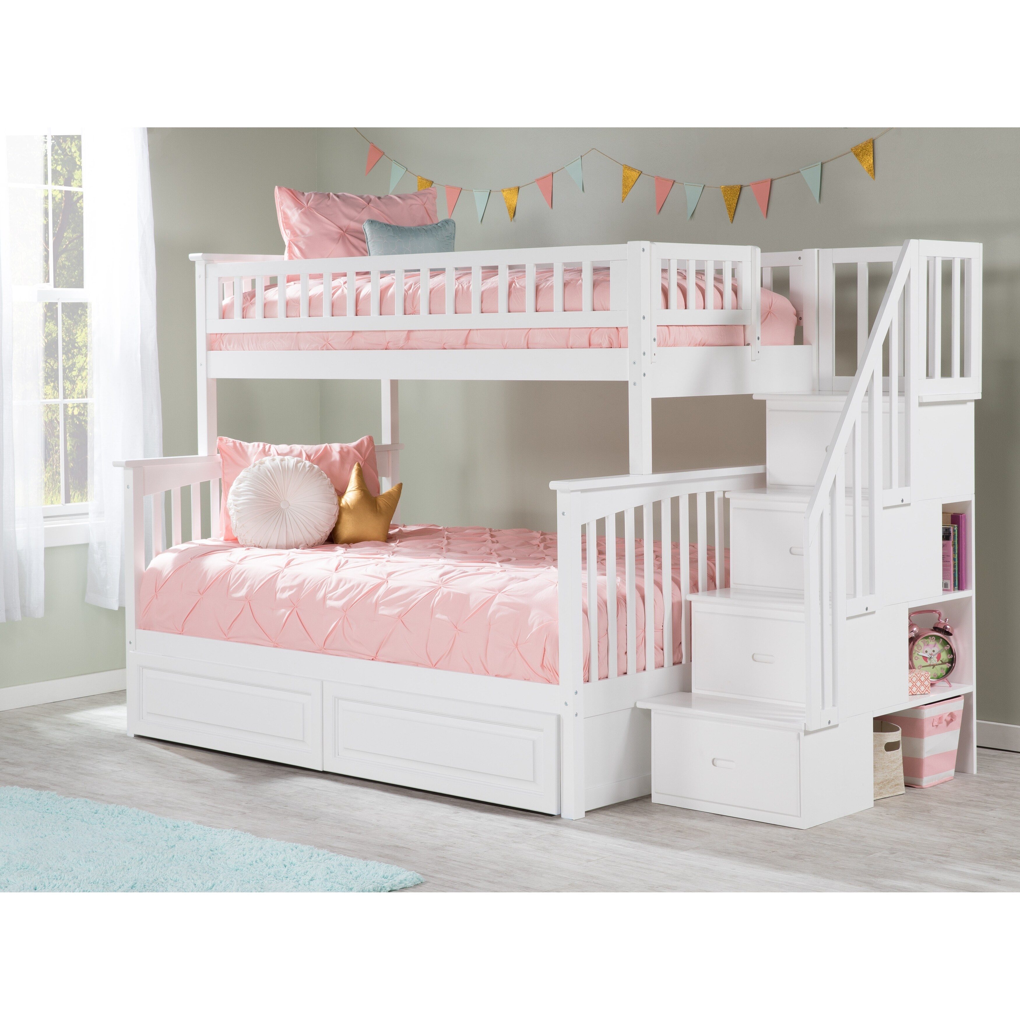 AFI Columbia Staircase Bunk Bed Twin over Full with 2 Drawers in White
