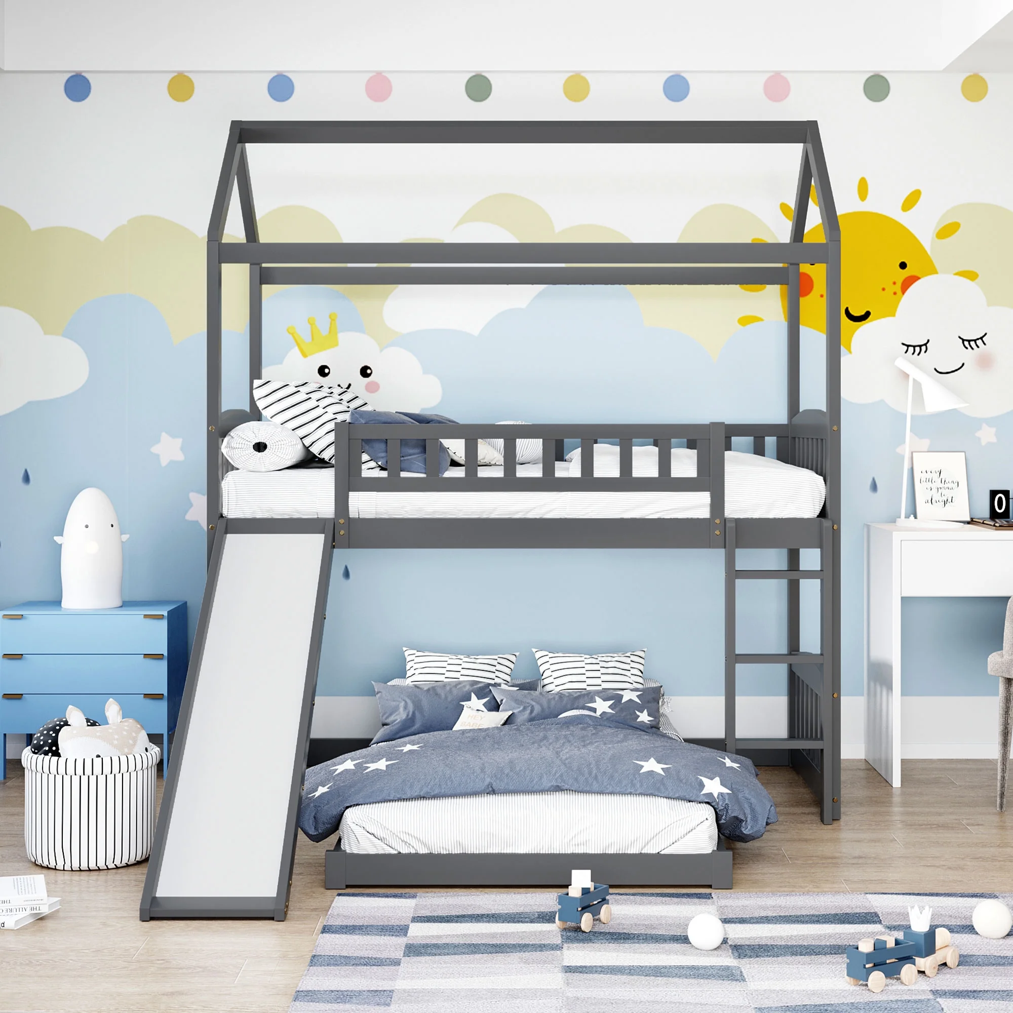 Gray Twin Over Twin House Bunk Bed with Slide