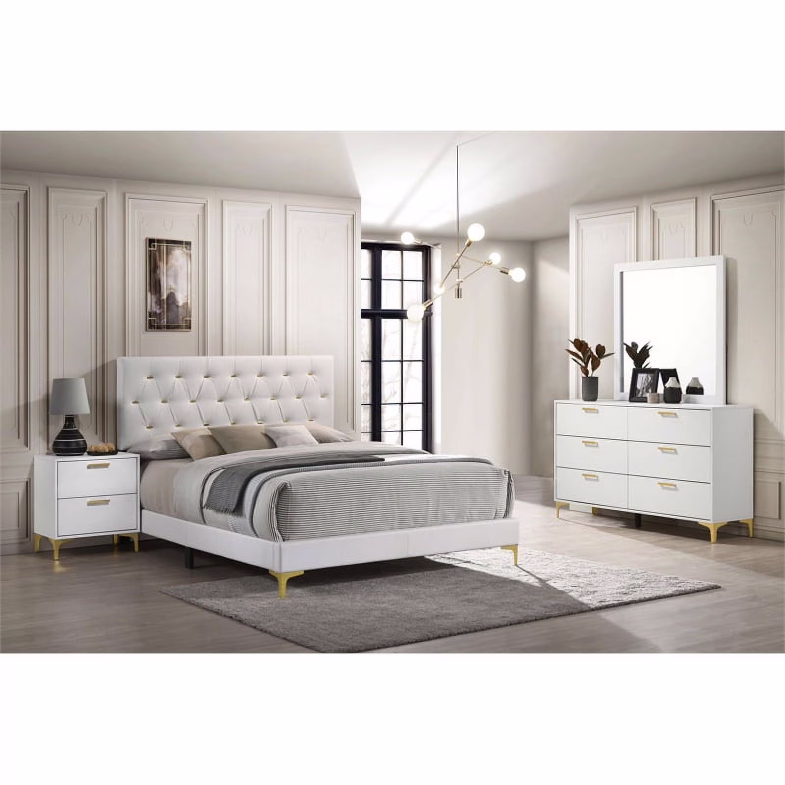 Maklaine Modern 4-piece Wood Queen Bedroom Set in White and Gold