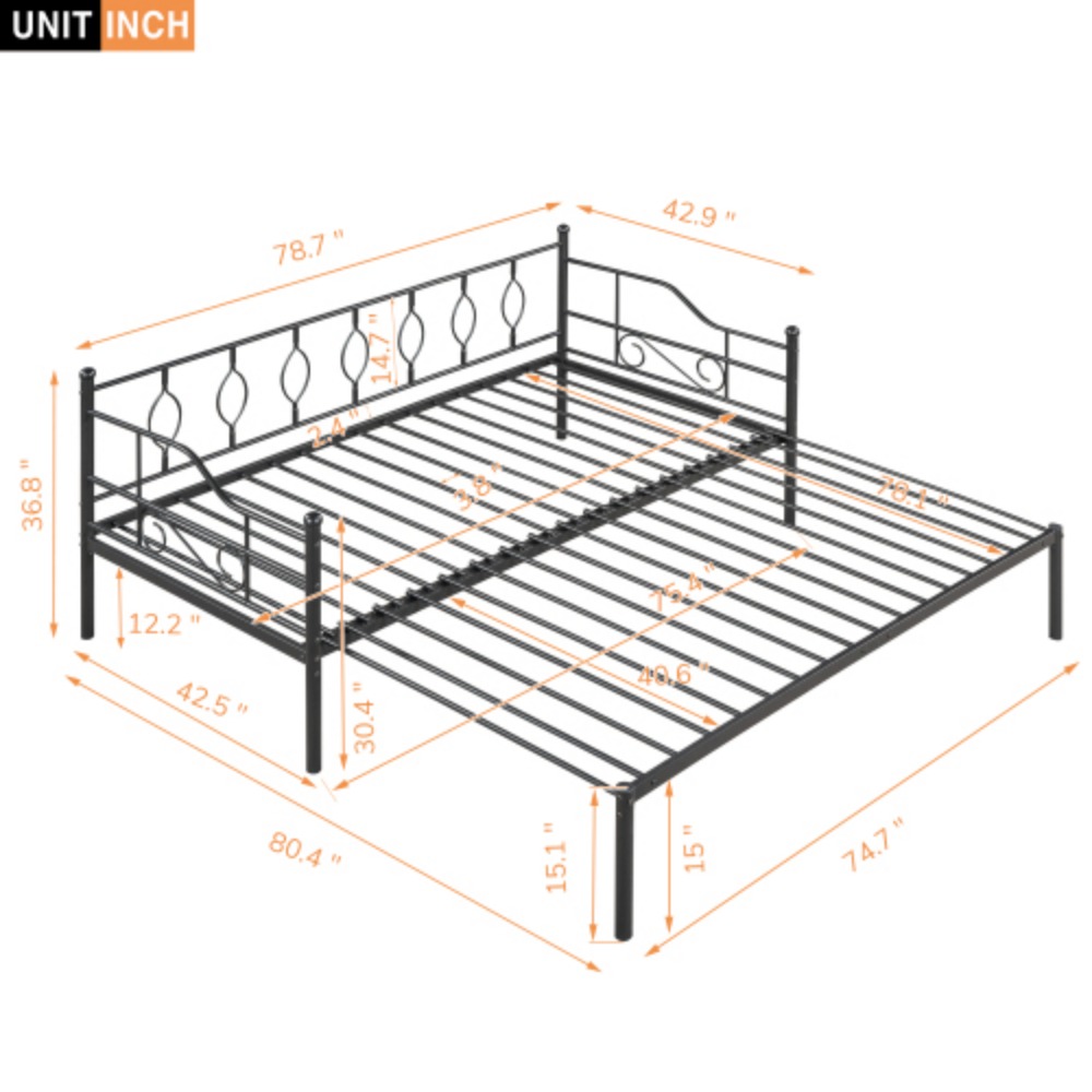 Twin Size Metal Daybed with Trundle, Daybed with Slat No Box required Black  Black + Iron