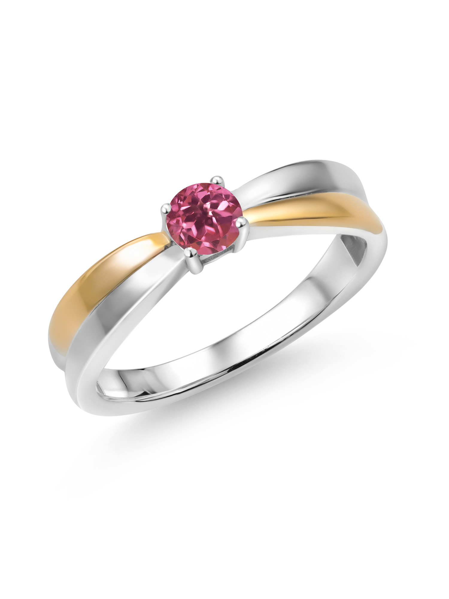 Gem Stone King 925 Silver and 10K Yellow Gold Pink Tourmaline Solitaire Engagement Ring For Women (0.25 Cttw, Round 4MM, Gemstone Birthstone, Available In Size 5, 6, 7, 8, 9)