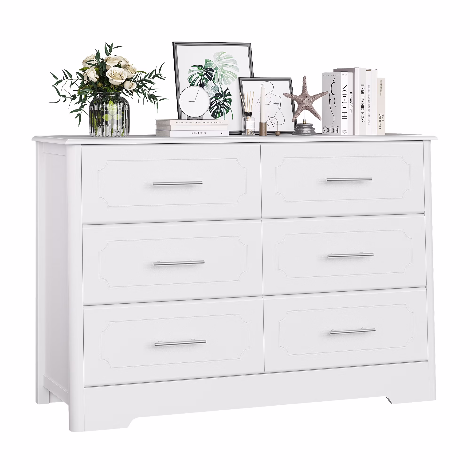Homfa 6 Drawer Horizontal Dresser, White Ladder Double Dresser Chest for Bedroom
