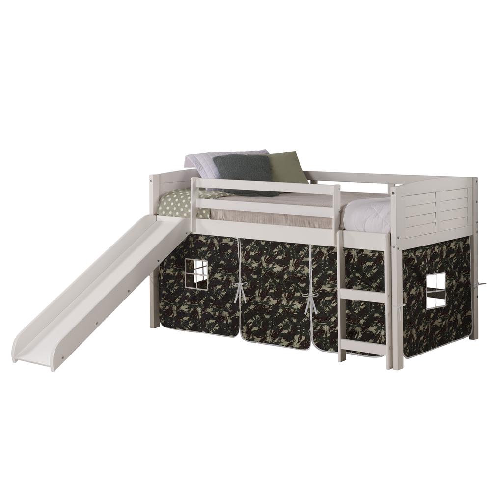 Donco Kids PD-790ATW-C-785W Twin Size Louver Low Loft Bed with Slide & Camo Tent in White
